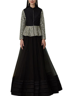 Black Mirror Work Raw Silk & Net Lehenga (2-Piece) - Image 1