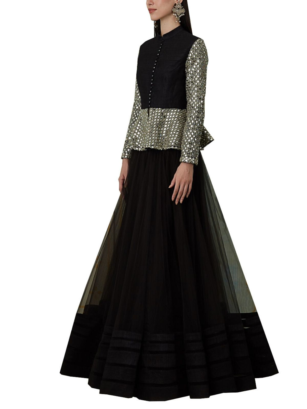 Black Mirror Work Raw Silk & Net Lehenga (2-Piece) - Image 4