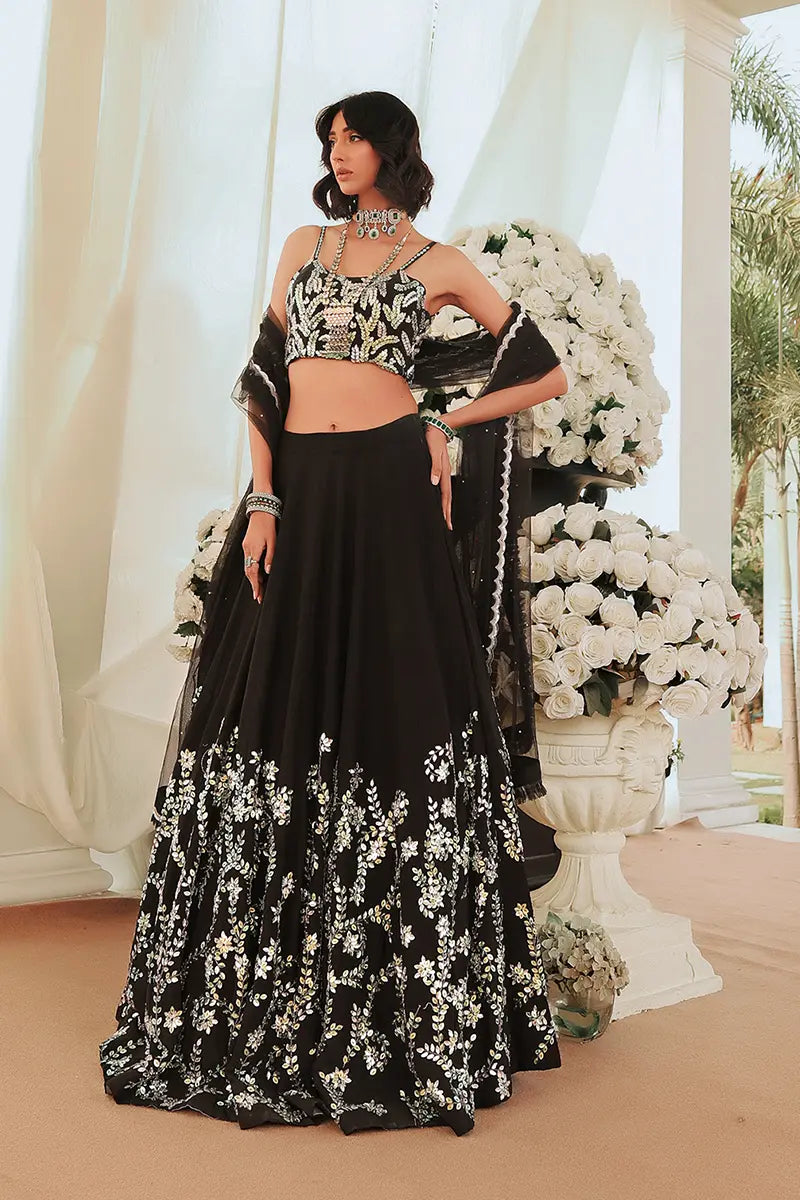 Pakistani Black Embroidered Raw Silk Lehenga Choli (3-Piece) - Image 1