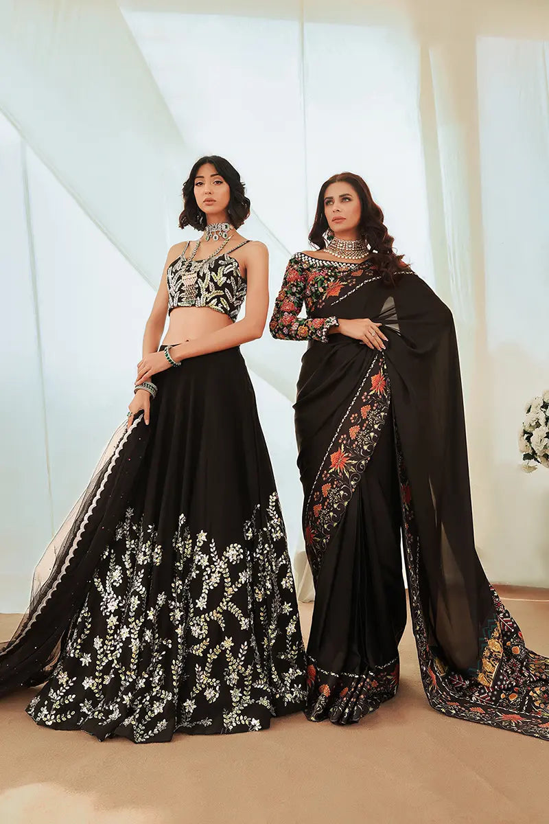 Pakistani Black Embroidered Raw Silk Lehenga Choli (3-Piece) - Image 10