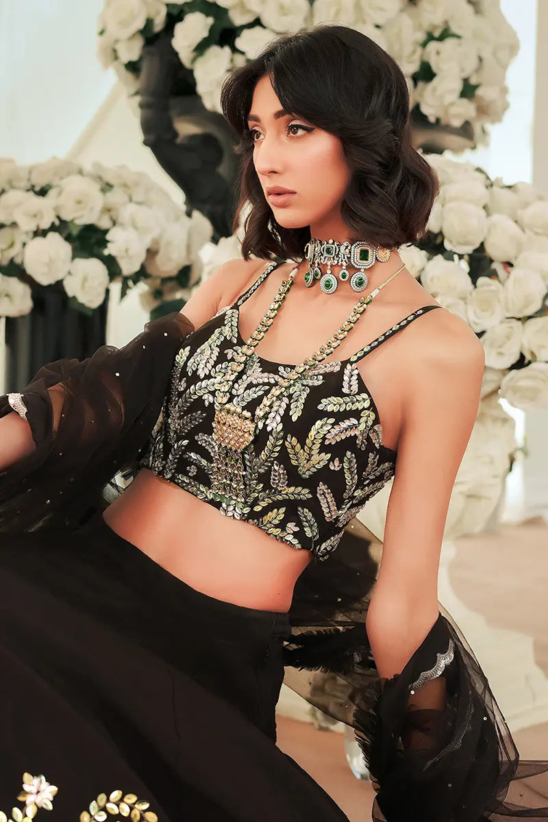 Pakistani Black Embroidered Raw Silk Lehenga Choli (3-Piece) - Image 2