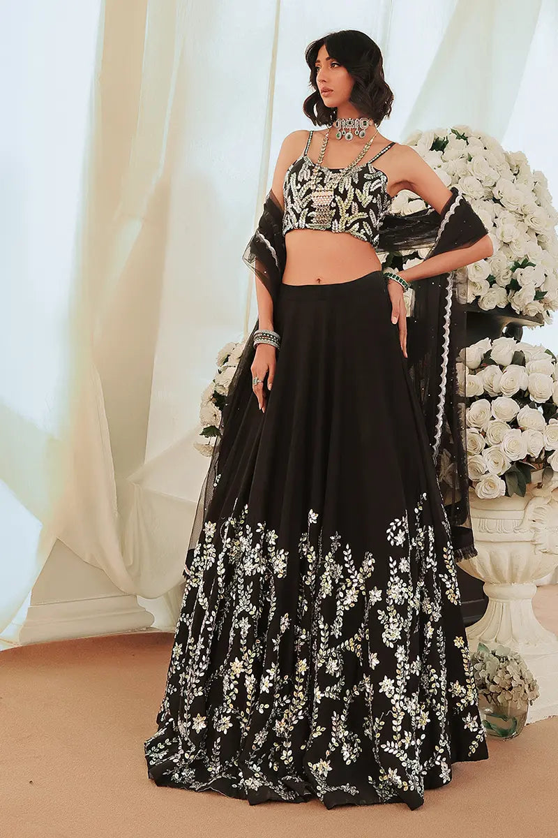 Pakistani Black Embroidered Raw Silk Lehenga Choli (3-Piece) - Image 4