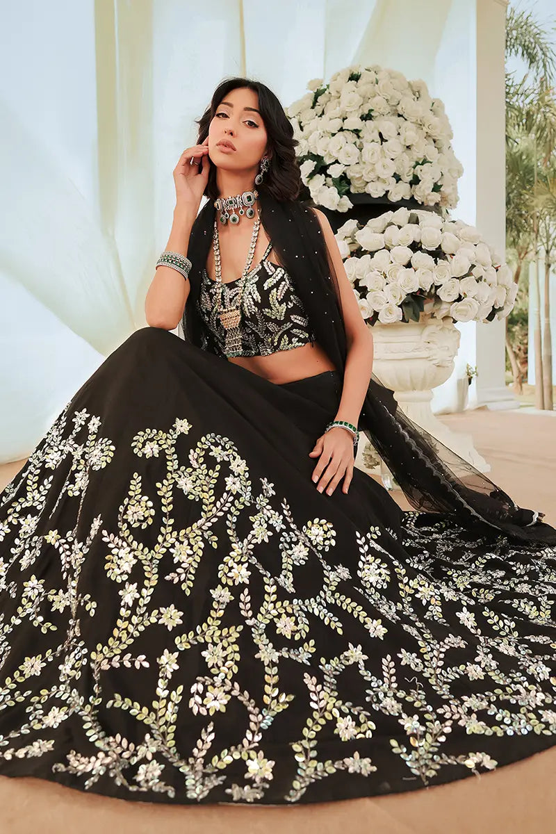 Pakistani Black Embroidered Raw Silk Lehenga Choli (3-Piece) - Image 5
