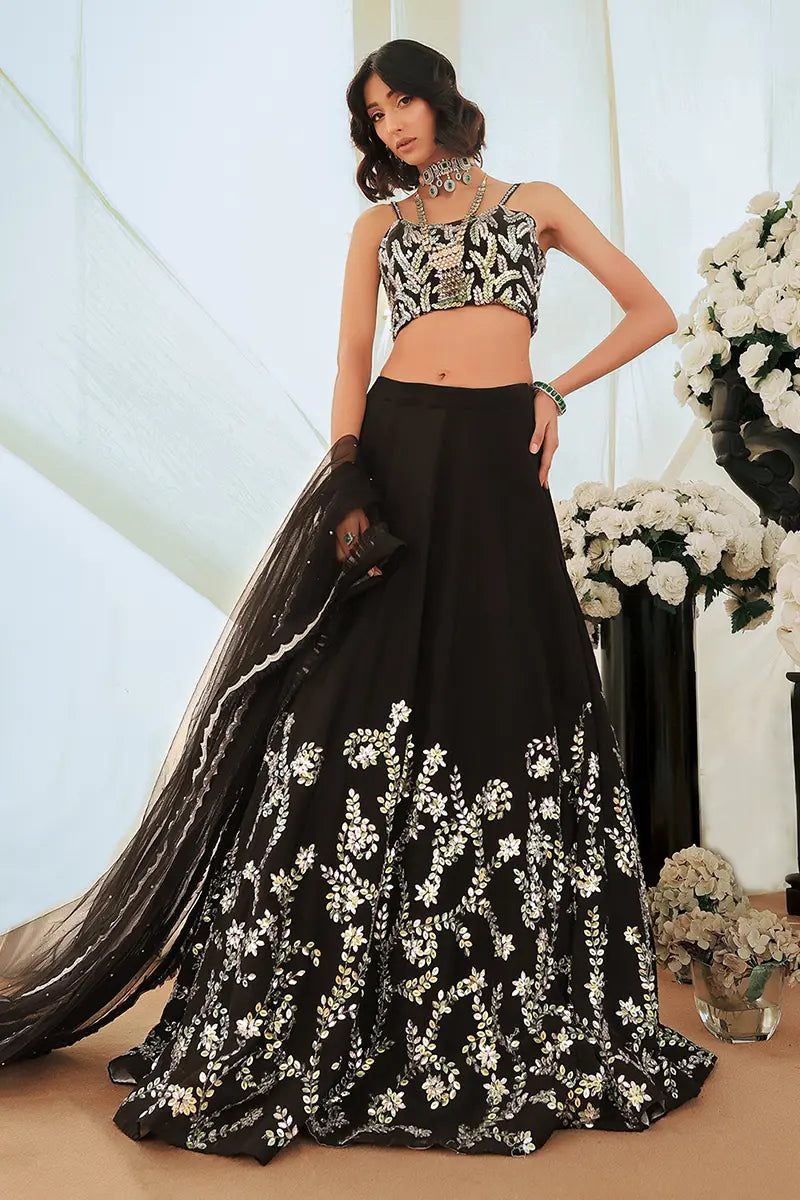Pakistani Black Embroidered Raw Silk Lehenga Choli (3-Piece) - Image 7