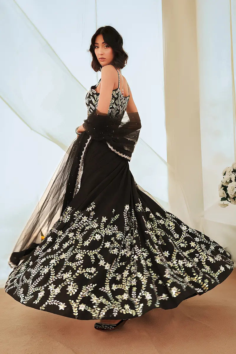 Pakistani Black Embroidered Raw Silk Lehenga Choli (3-Piece) - Image 8