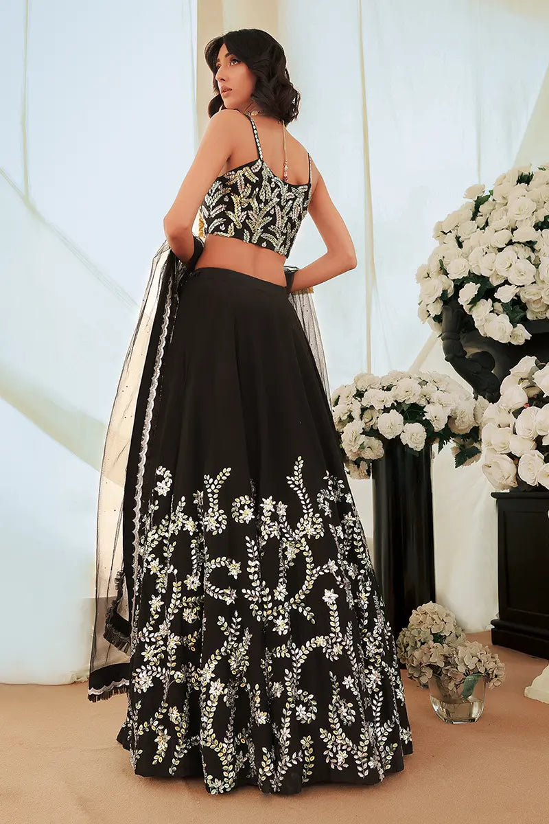 Pakistani Black Embroidered Raw Silk Lehenga Choli (3-Piece) - Image 9