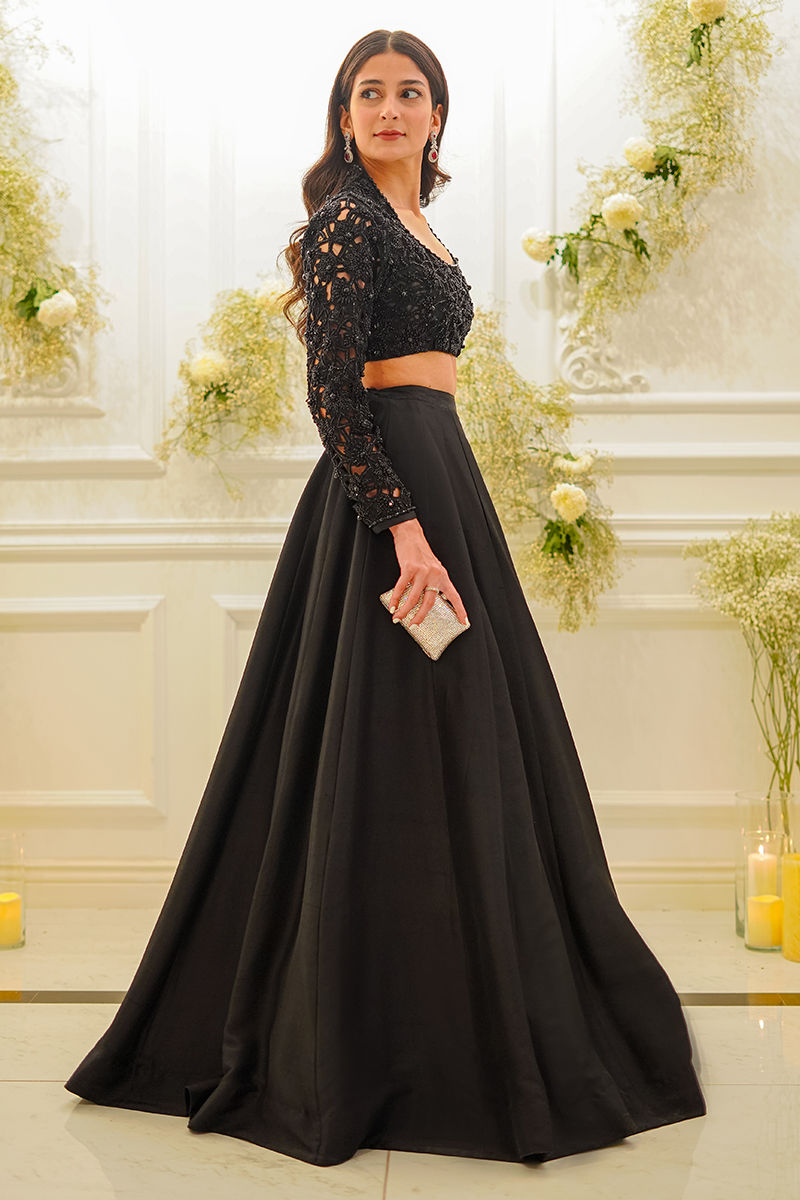 Black Embellished Raw Silk Lehenga Choli (2-Piece) - Image 5