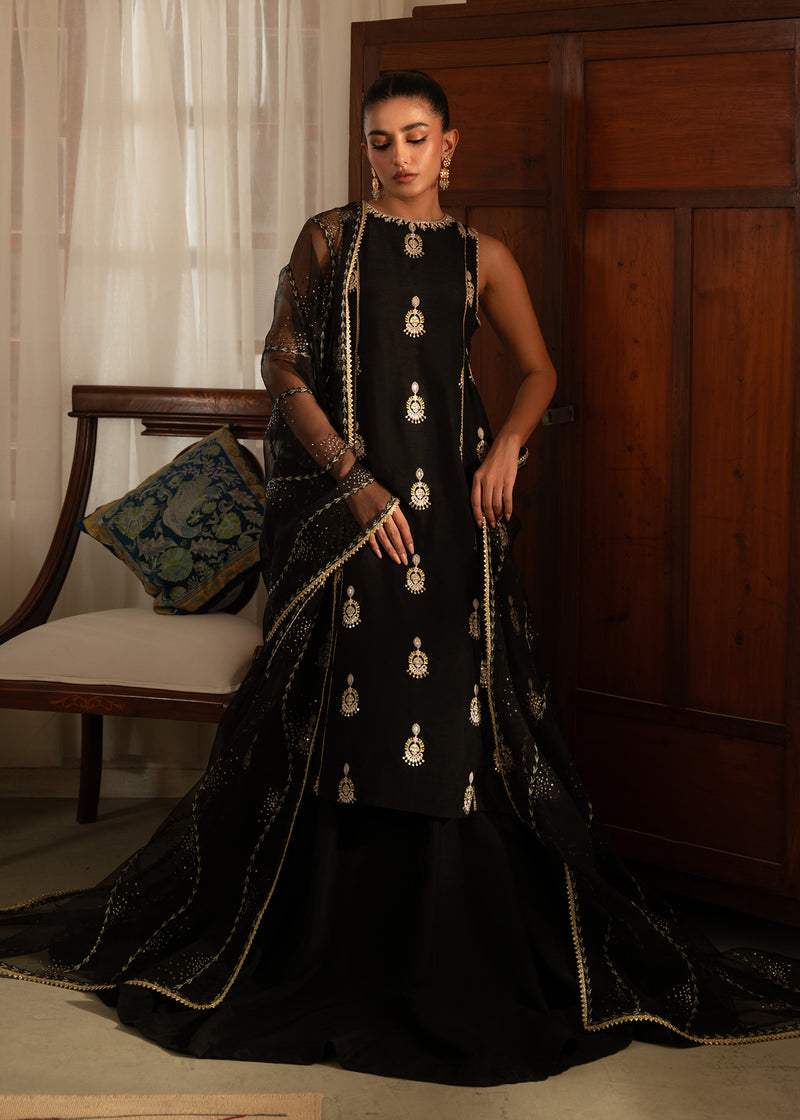 Pakistani Black Embroidered Korean Raw Silk Lehenga (3-Piece) - Image 1
