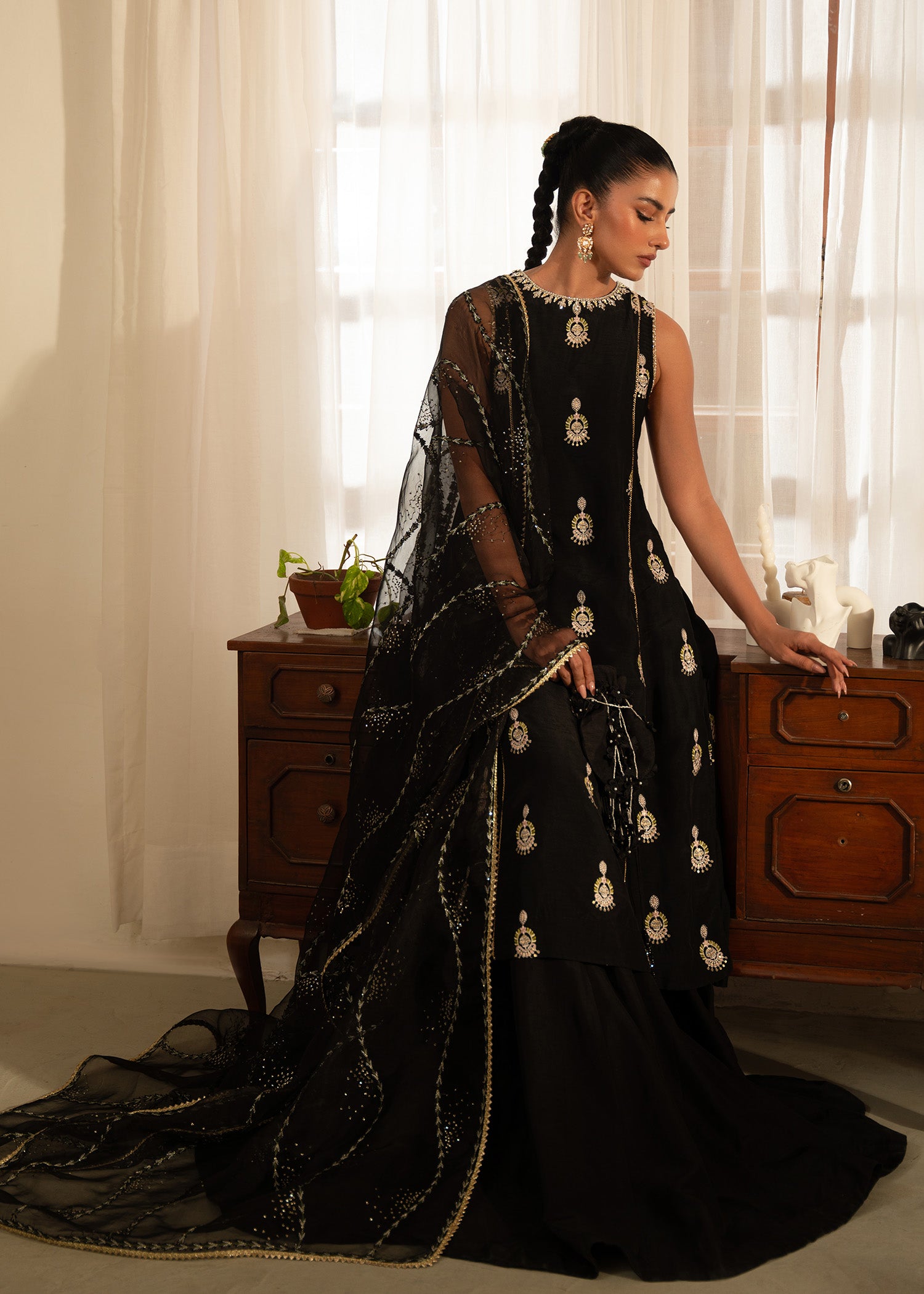 Pakistani Black Embroidered Korean Raw Silk Lehenga (3-Piece) - Image 3