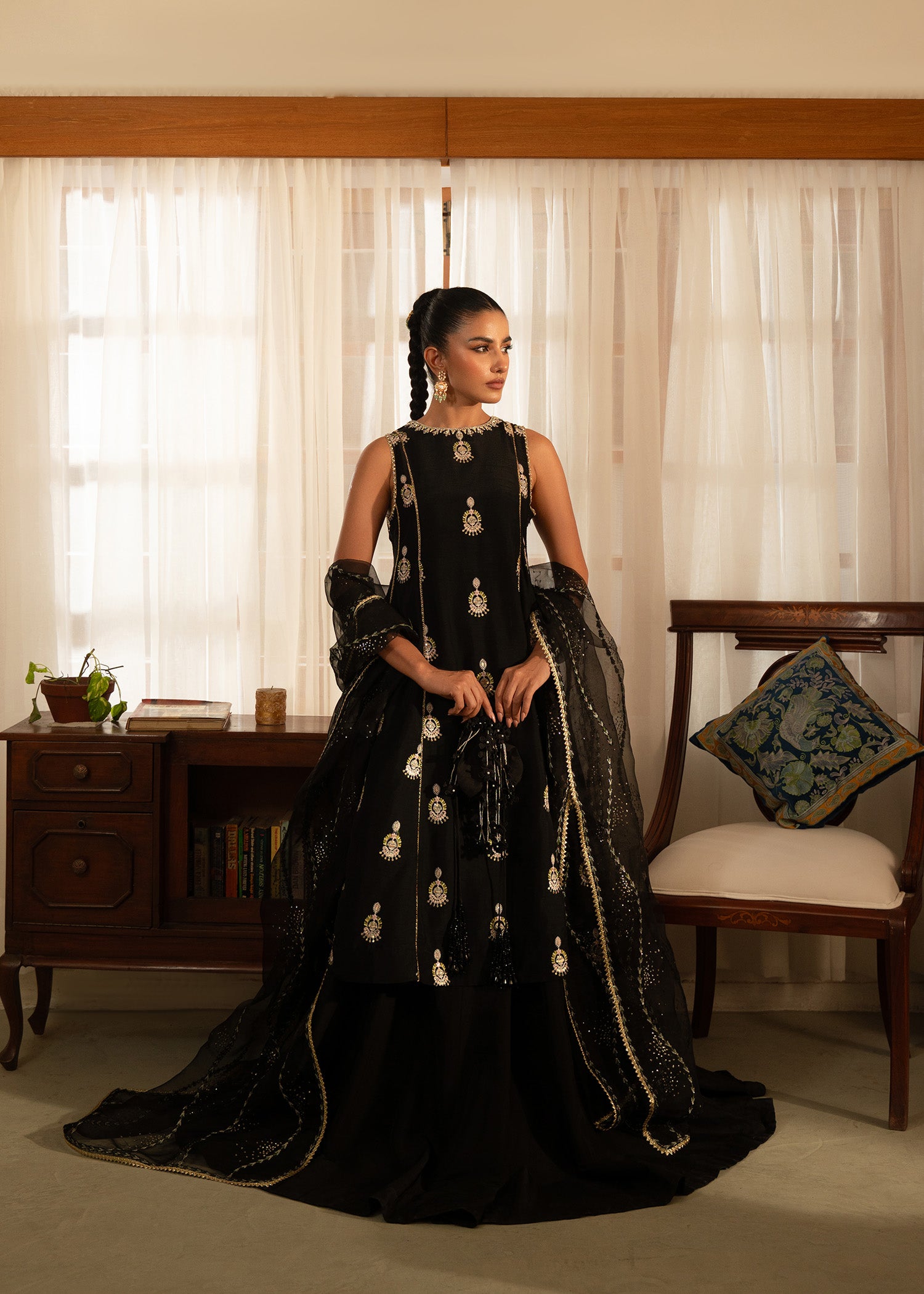 Pakistani Black Embroidered Korean Raw Silk Lehenga (3-Piece) - Image 6