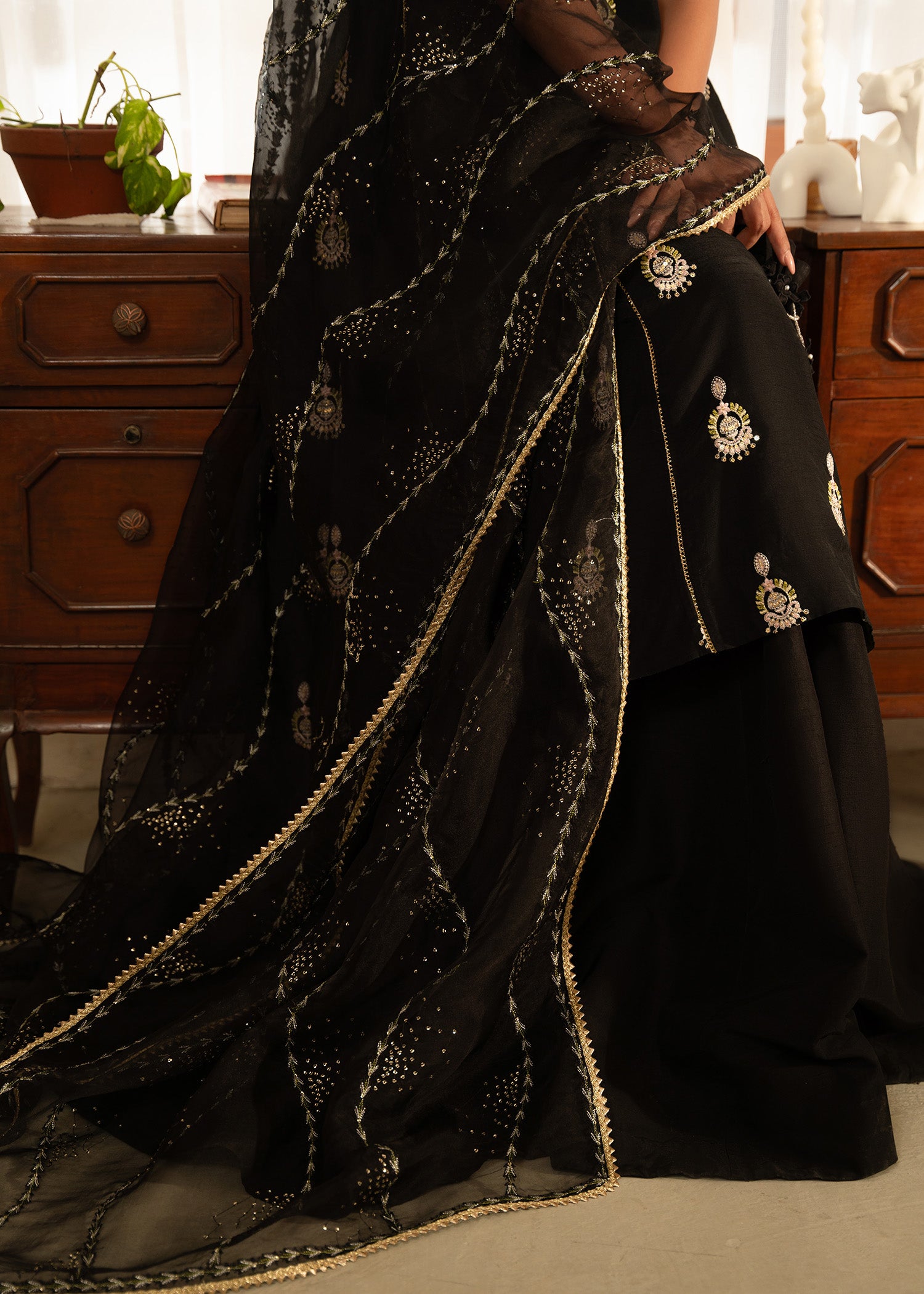Pakistani Black Embroidered Korean Raw Silk Lehenga (3-Piece) - Image 8