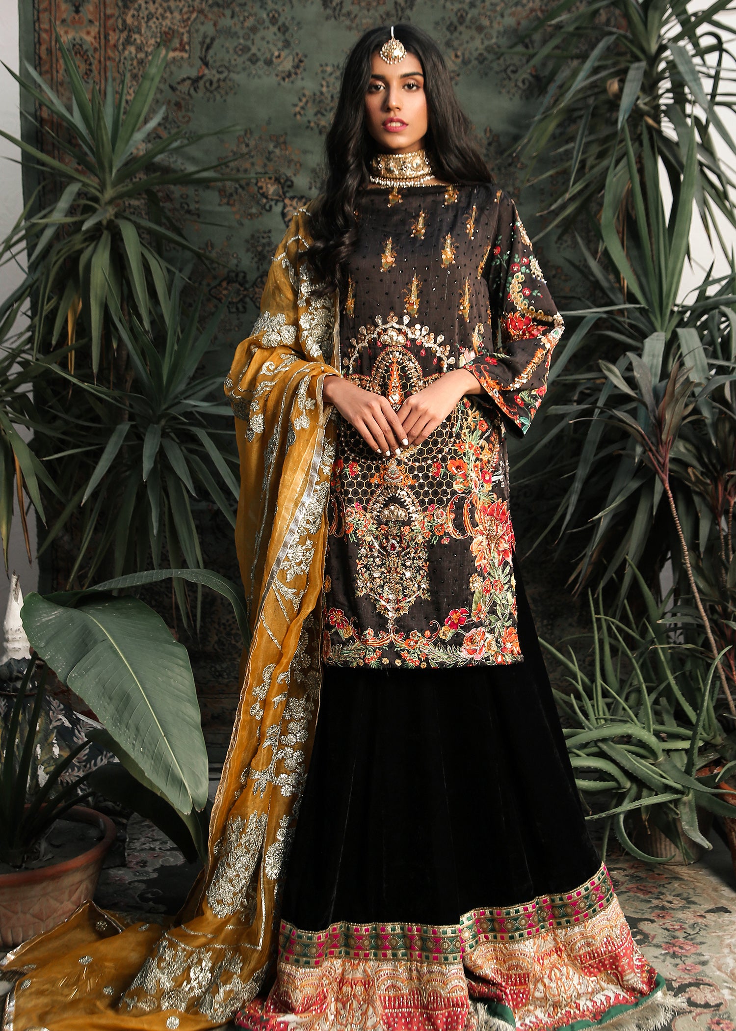 Pakistani Black Gota Sequin Raw Silk & Velvet Lehenga (3-Piece) - Image 1