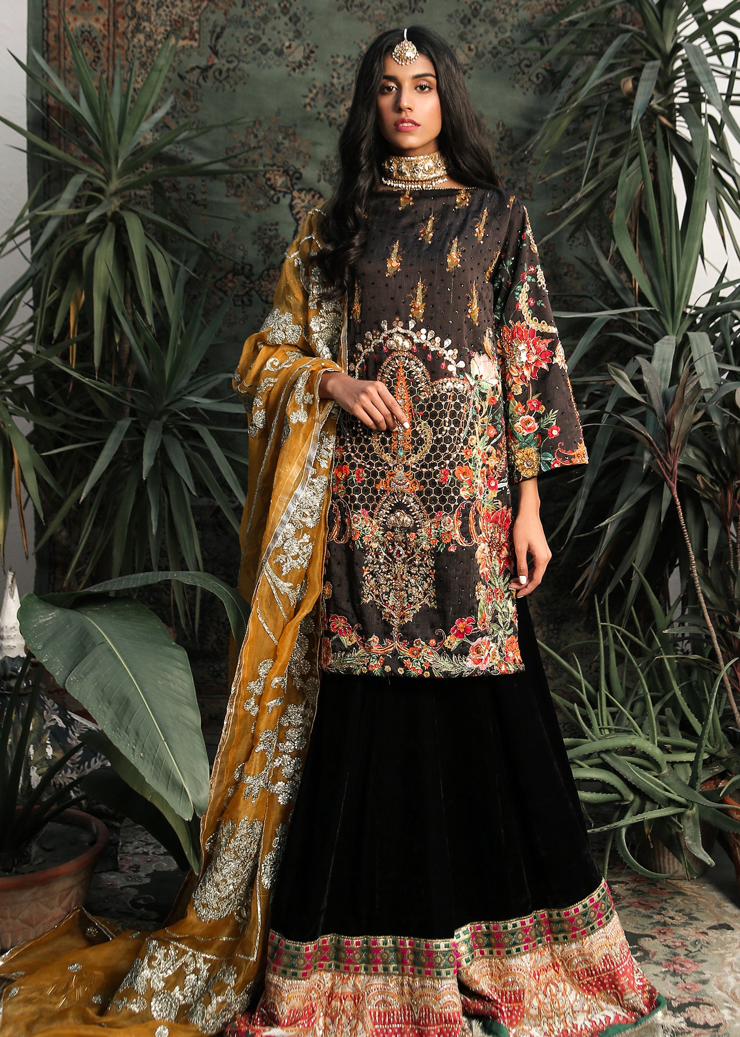 Pakistani Black Gota Sequin Raw Silk & Velvet Lehenga (3-Piece) - Image 2