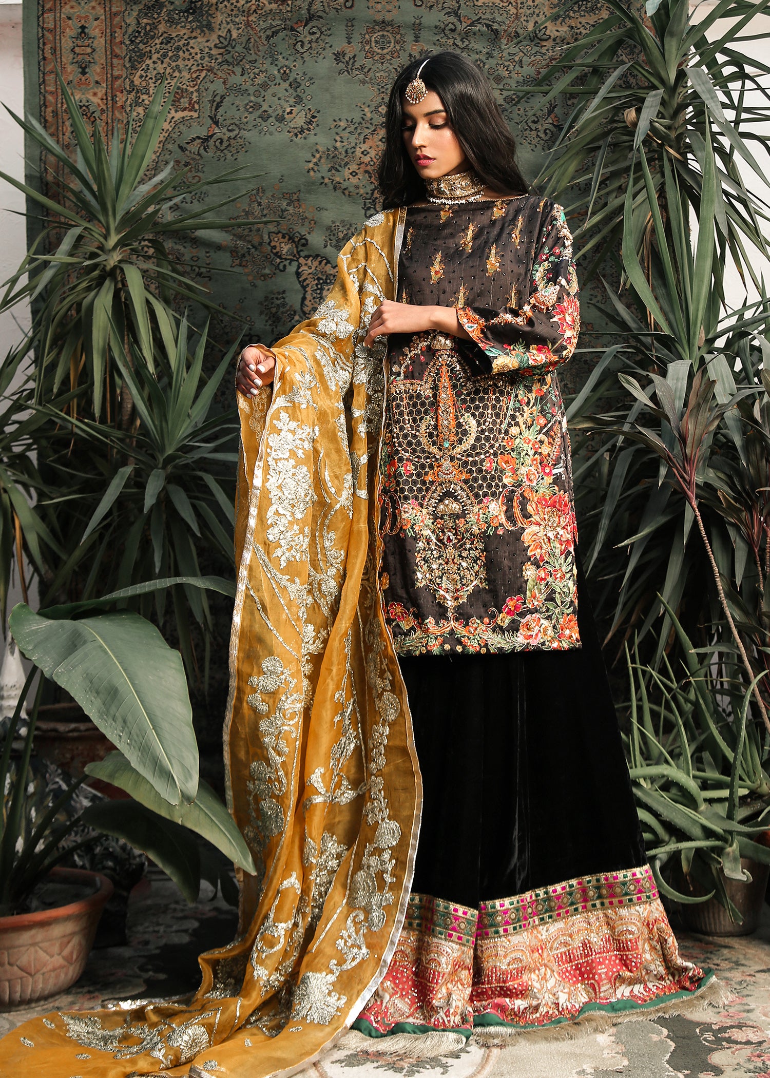 Pakistani Black Gota Sequin Raw Silk & Velvet Lehenga (3-Piece) - Image 4