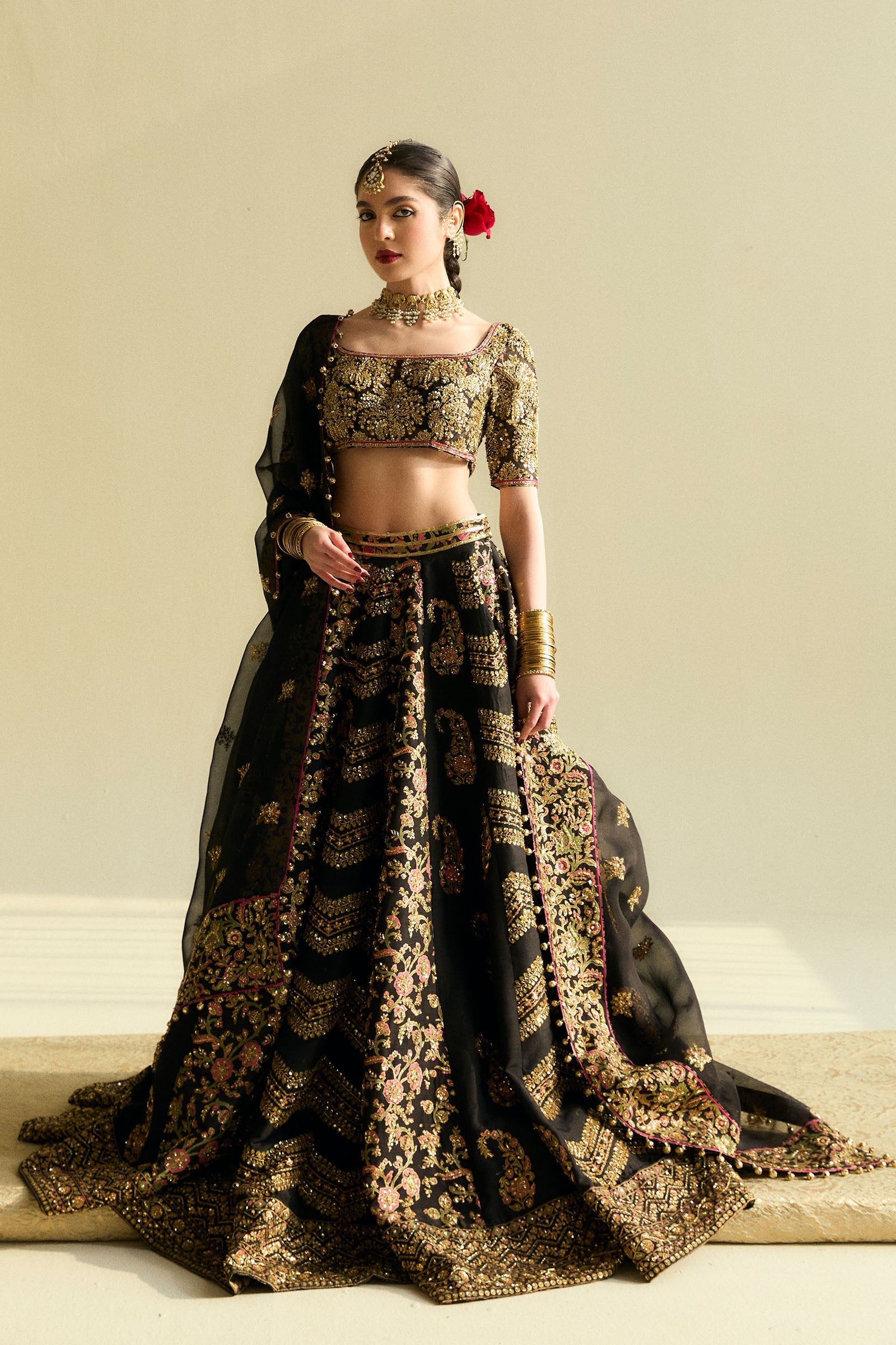 Pakistani Black Block Printed Organza Raw Silk Lehenga Choli (3-Piece) - Image 1