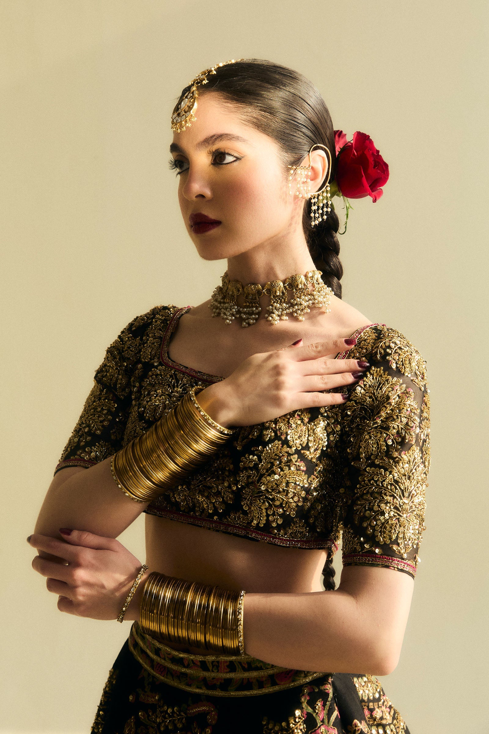 Pakistani Black Block Printed Organza Raw Silk Lehenga Choli (3-Piece) - Image 2