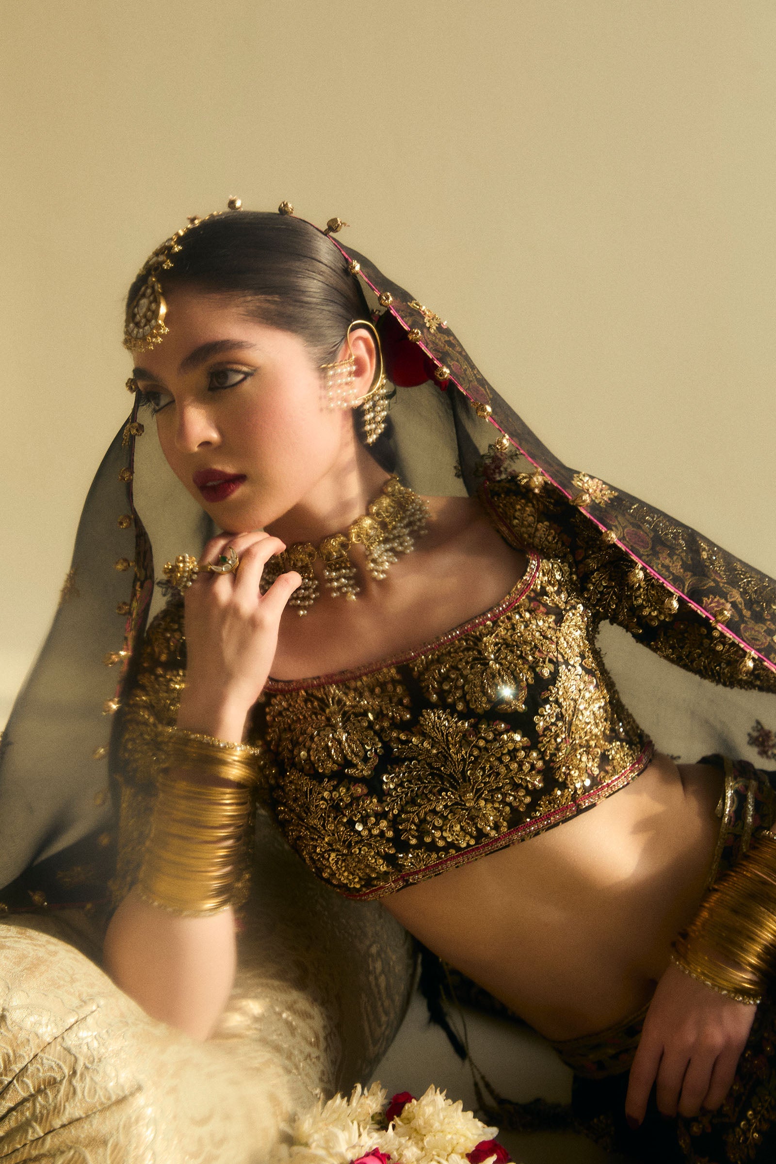 Pakistani Black Block Printed Organza Raw Silk Lehenga Choli (3-Piece) - Image 3