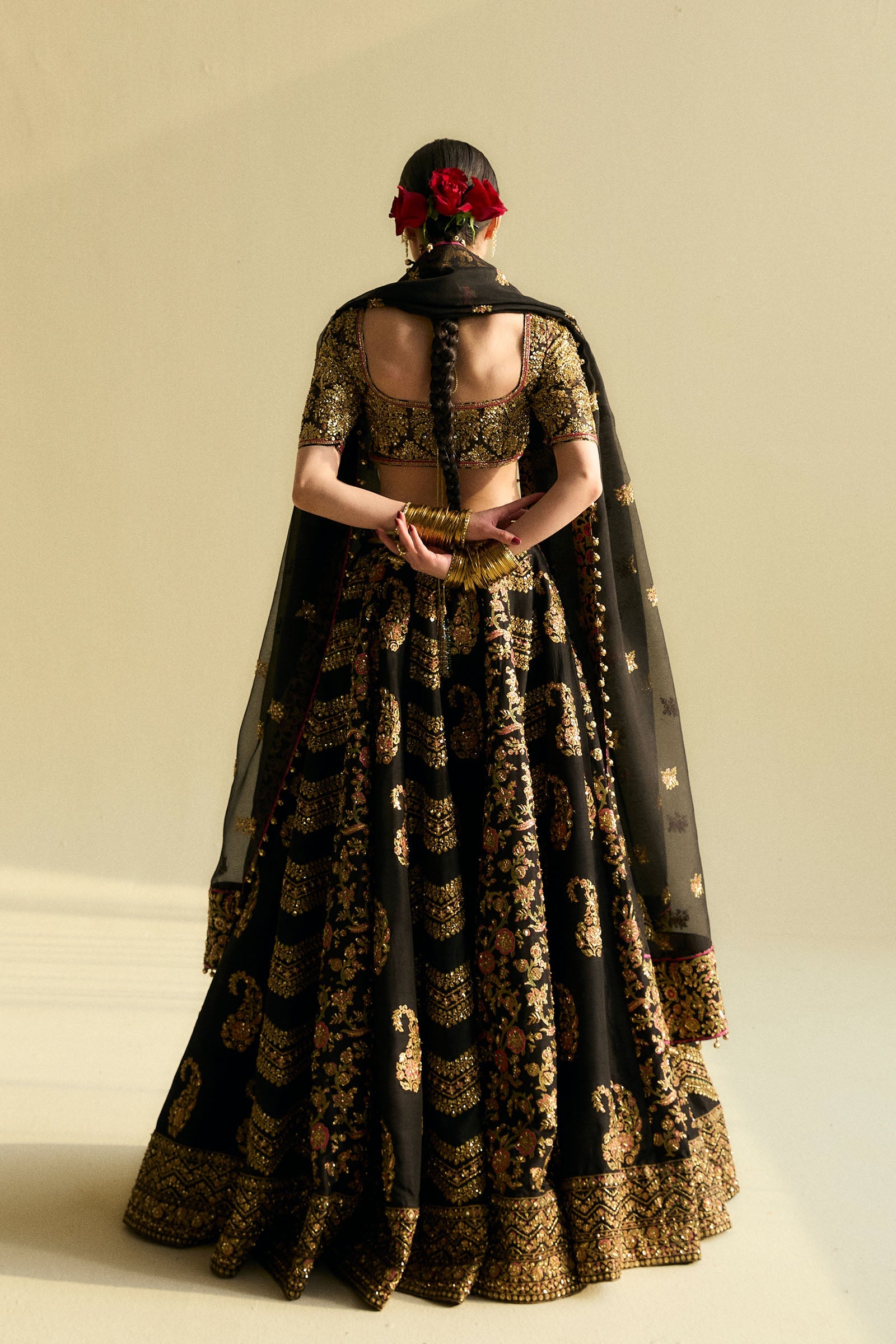 Pakistani Black Block Printed Organza Raw Silk Lehenga Choli (3-Piece) - Image 4