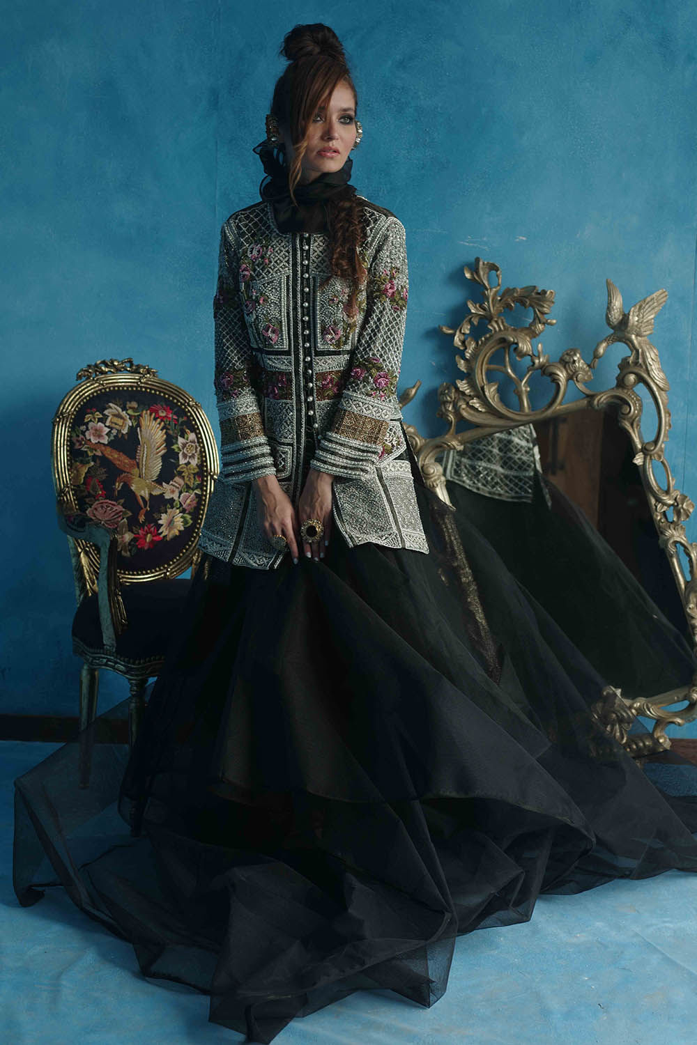 Pakistani Black Embellished Raw Silk Jacket & Organza Skirt (2-Piece) - Image 1