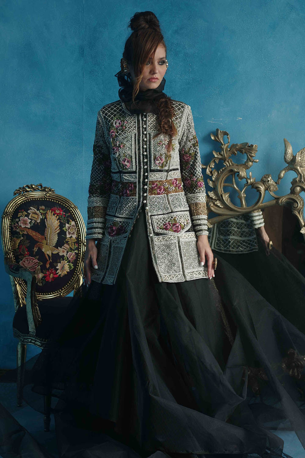 Pakistani Black Embellished Raw Silk Jacket & Organza Skirt (2-Piece) - Image 2