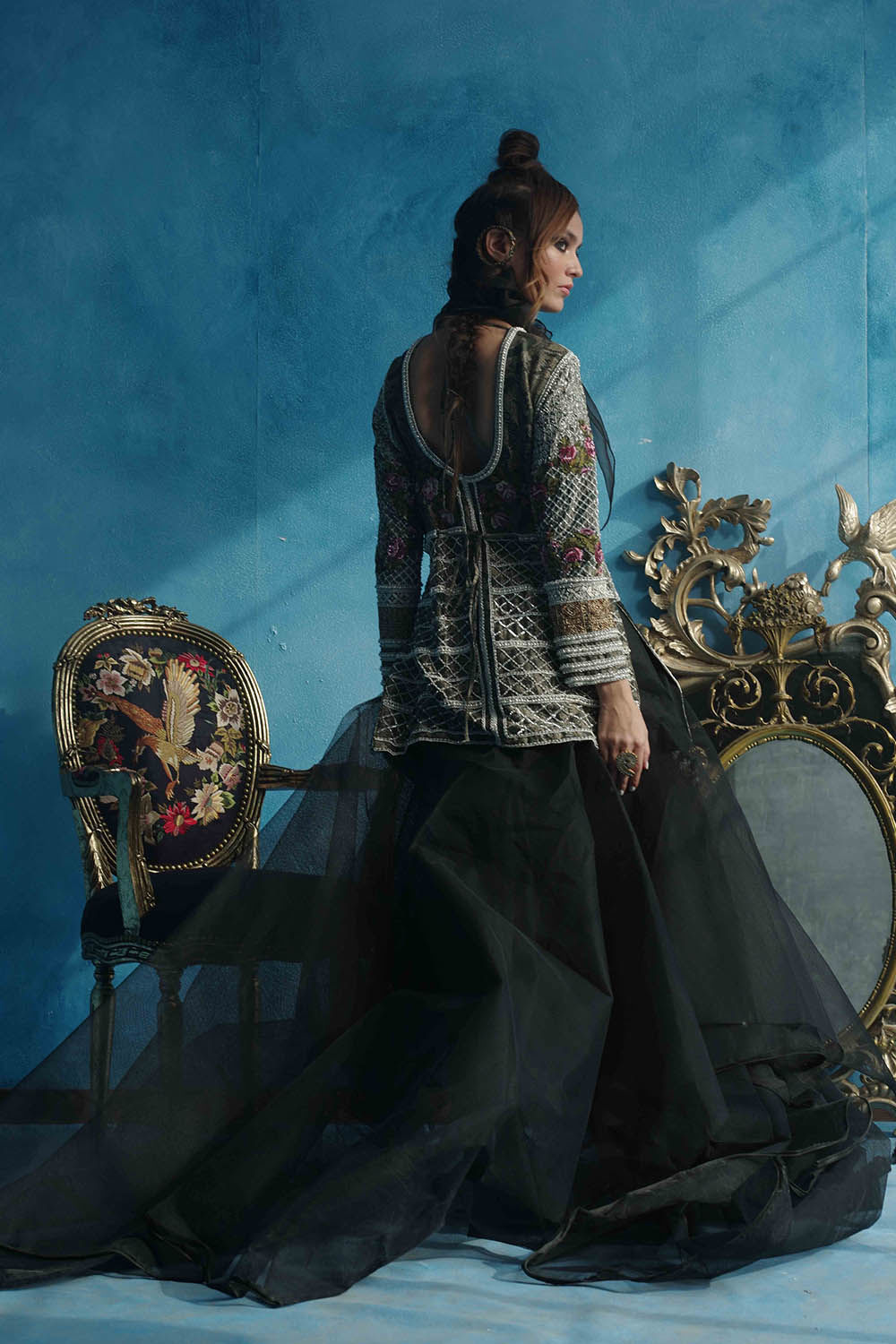 Pakistani Black Embellished Raw Silk Jacket & Organza Skirt (2-Piece) - Image 3