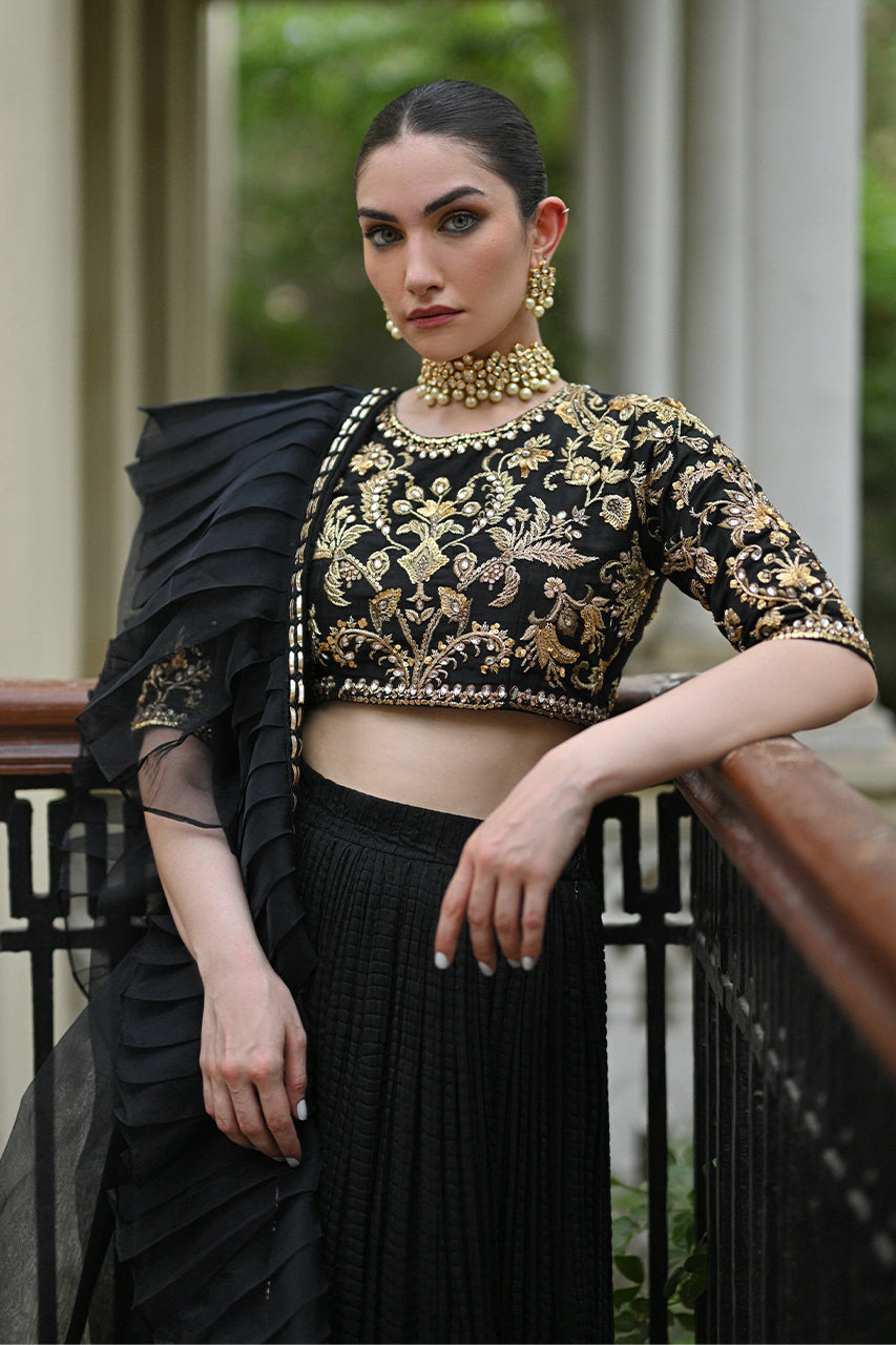 Black Zardozi Raw Silk Lehenga Set (3-Piece) - Image 1