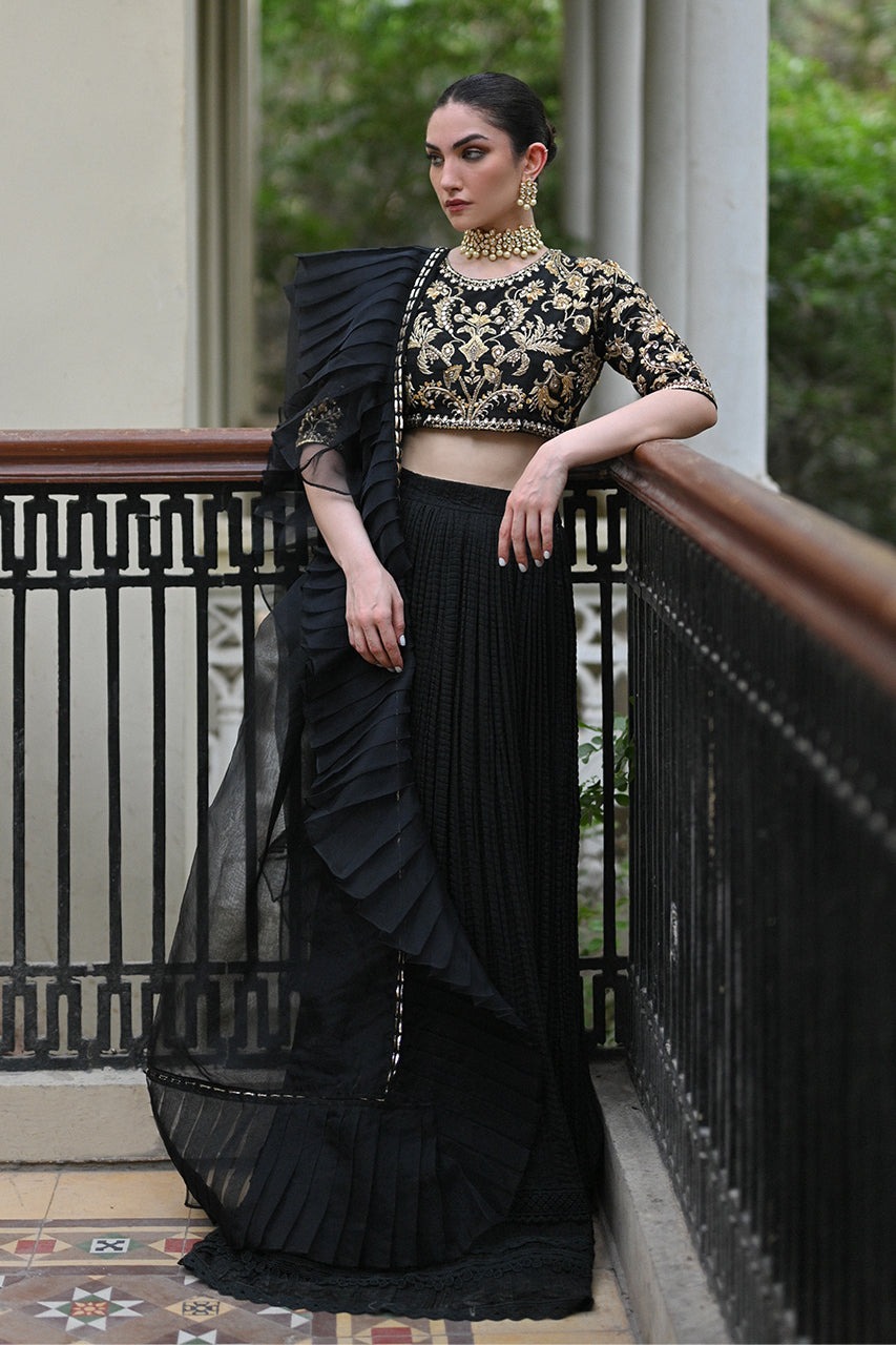 Black Zardozi Raw Silk Lehenga Set (3-Piece) - Image 2