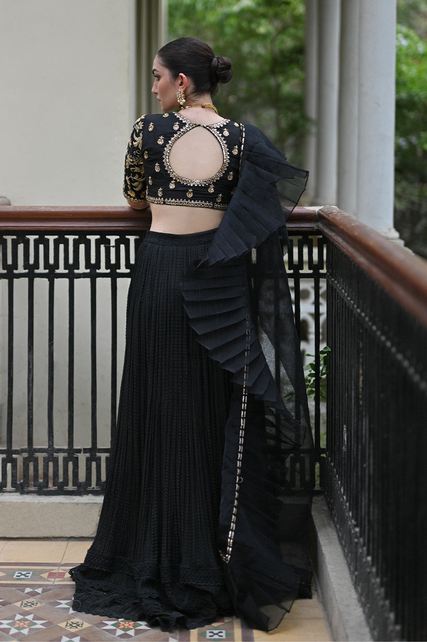 Black Zardozi Raw Silk Lehenga Set (3-Piece) - Image 3