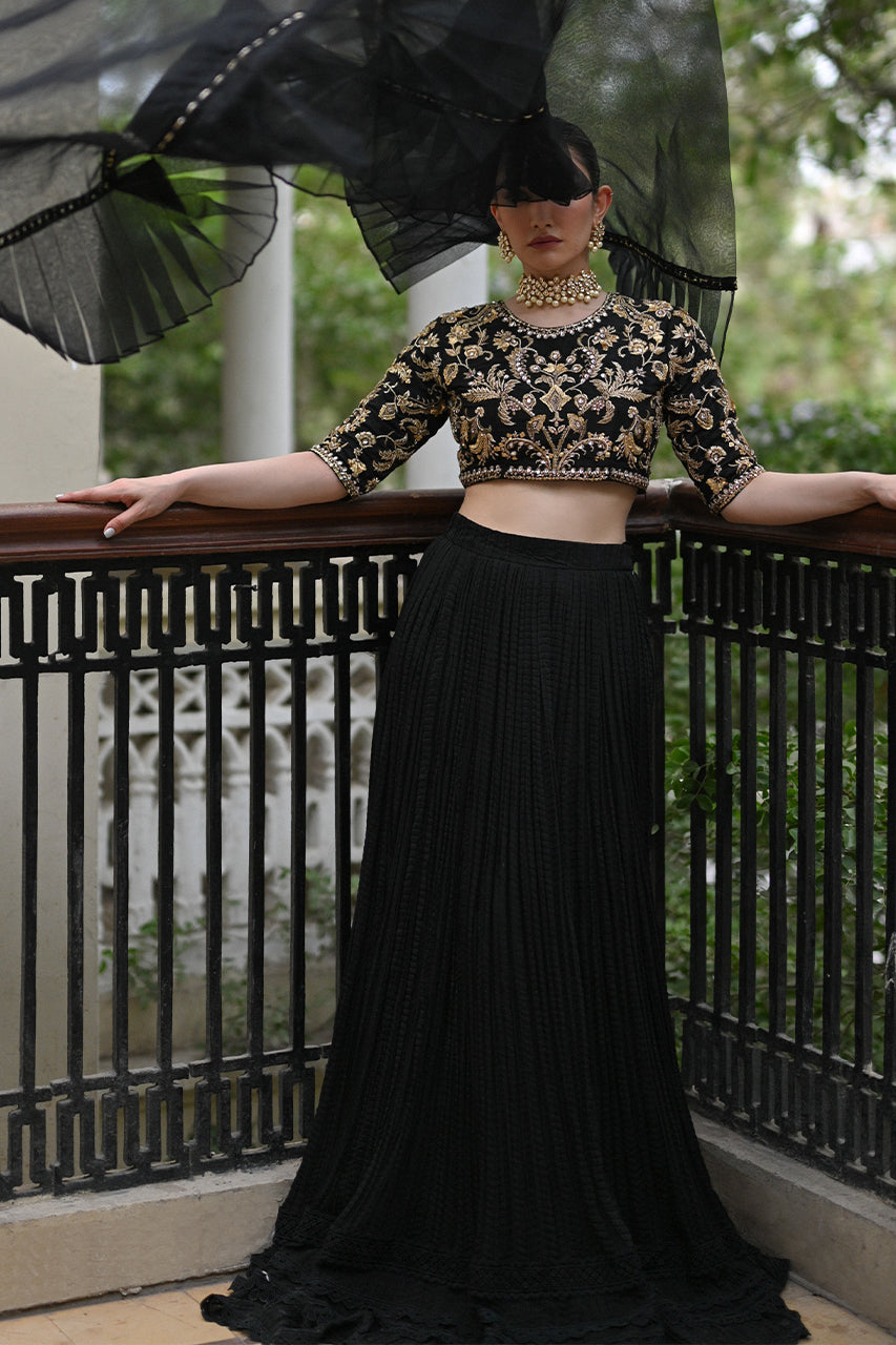 Black Zardozi Raw Silk Lehenga Set (3-Piece) - Image 4