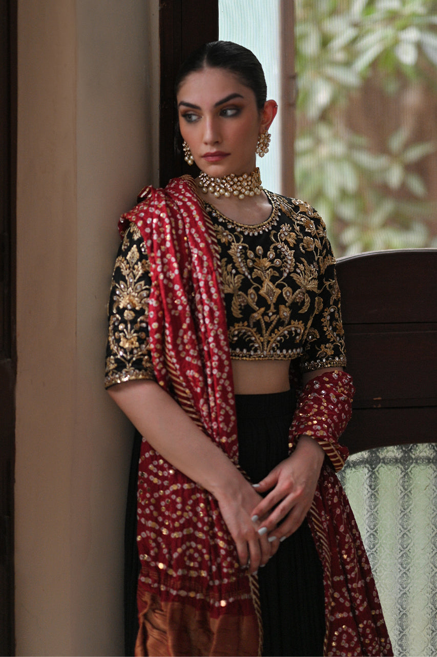 Pakistani Black Zardozi Raw Silk Lehenga Set (3-Piece) - Image 1