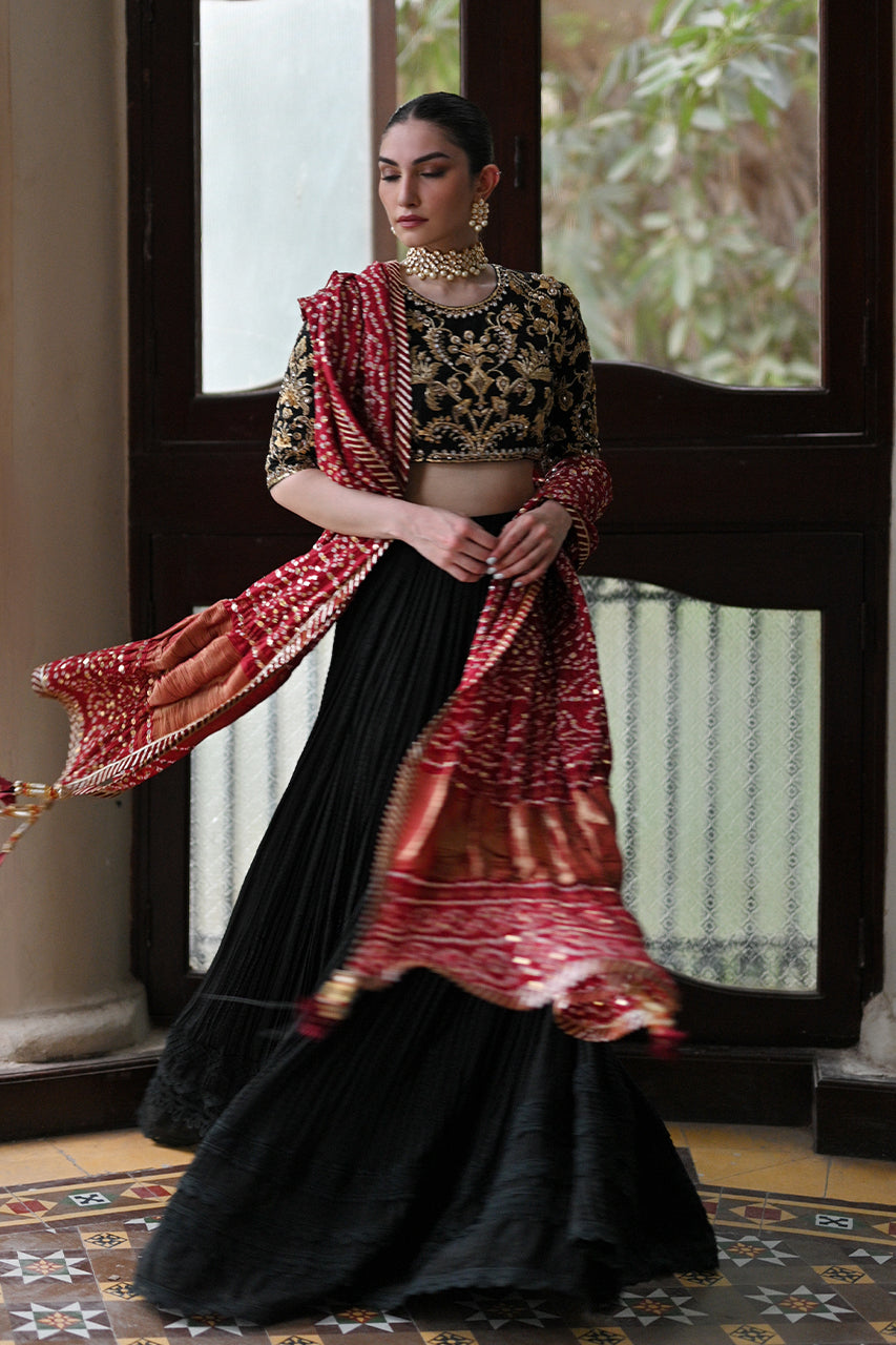 Pakistani Black Zardozi Raw Silk Lehenga Set (3-Piece) - Image 2