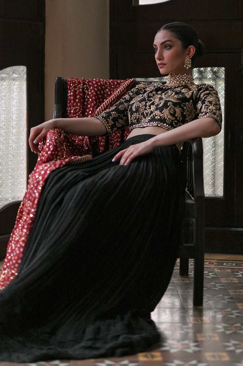 Pakistani Black Zardozi Raw Silk Lehenga Set (3-Piece) - Image 3
