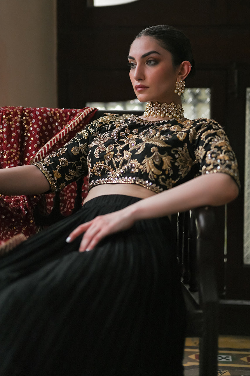 Pakistani Black Zardozi Raw Silk Lehenga Set (3-Piece) - Image 4