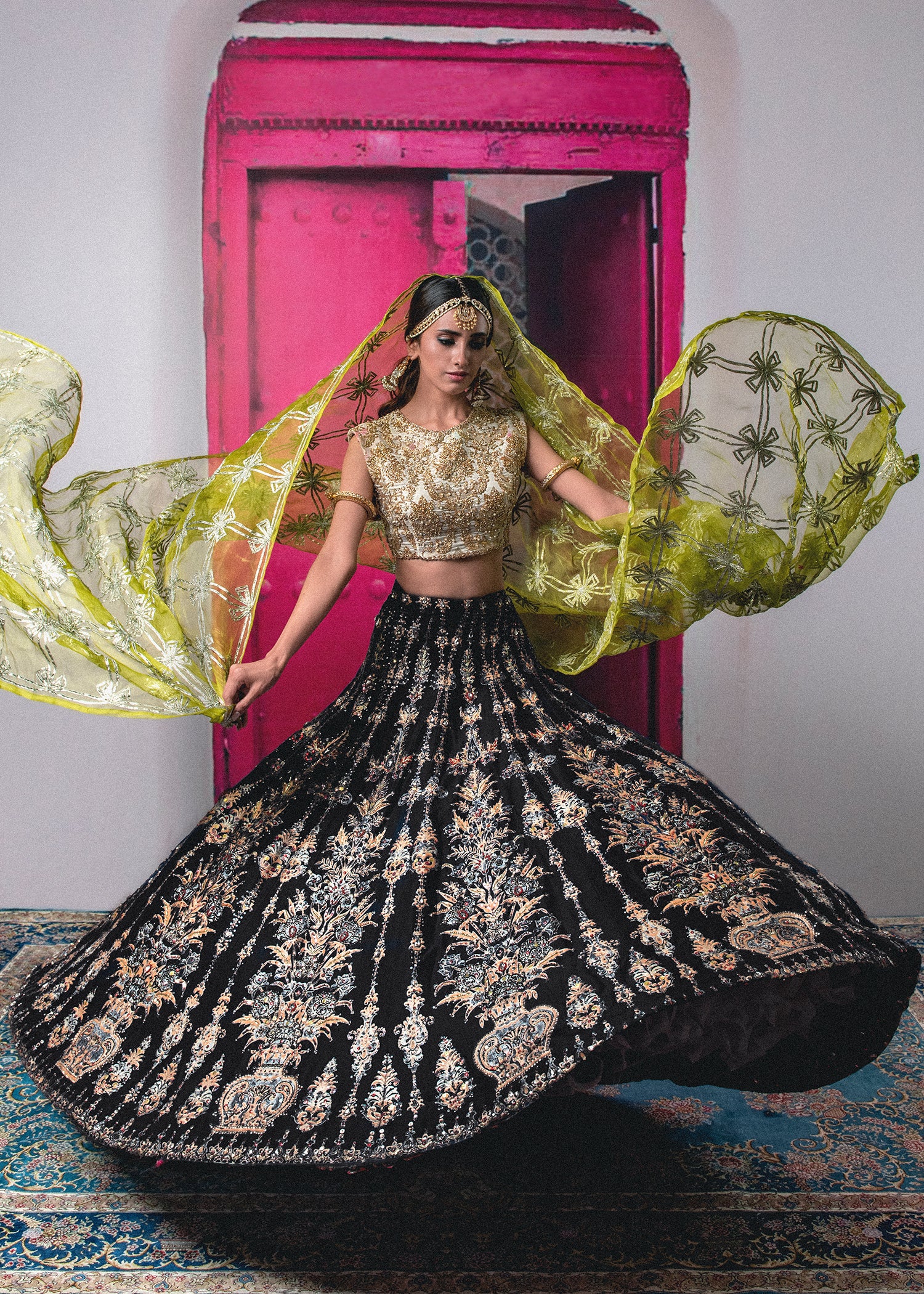 Pakistani Off-White & Black Embroidered Raw Silk Lehnga Choli (3-Piece) - Image 1