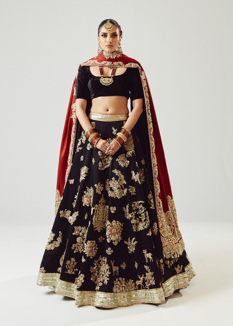 Pakistani Black & Maroon Embroidered Satin Silk Lehenga (3-Piece) - Image 1