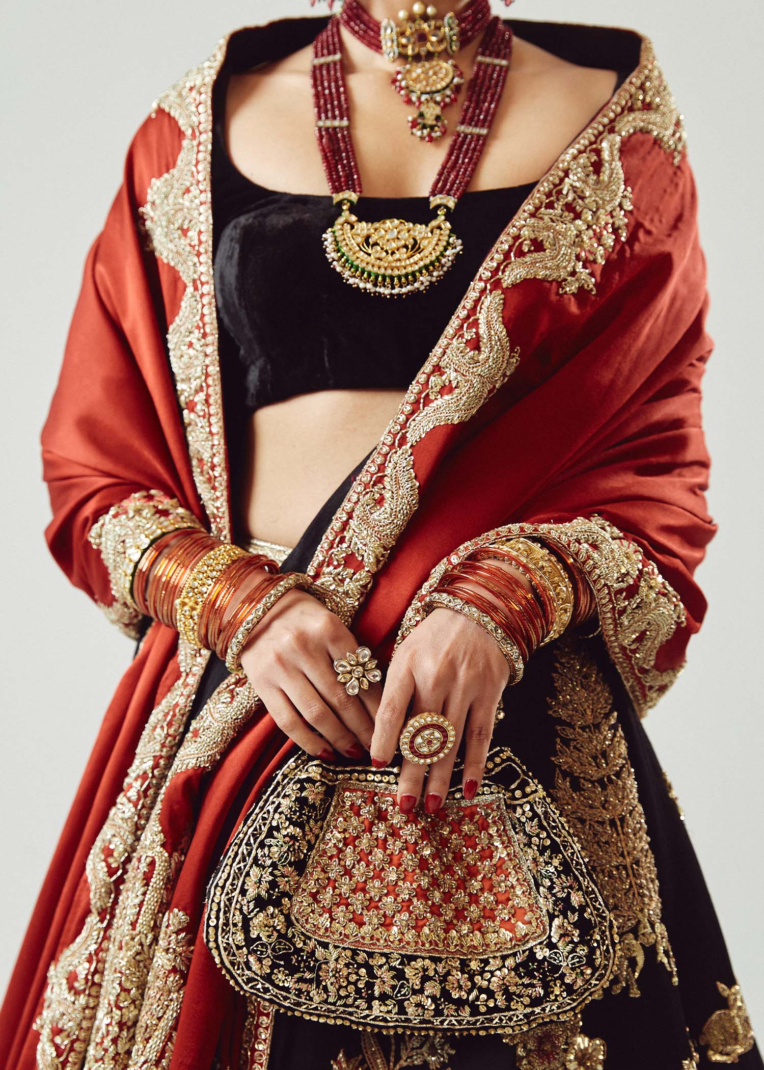Pakistani Black & Maroon Embroidered Satin Silk Lehenga (3-Piece) - Image 12