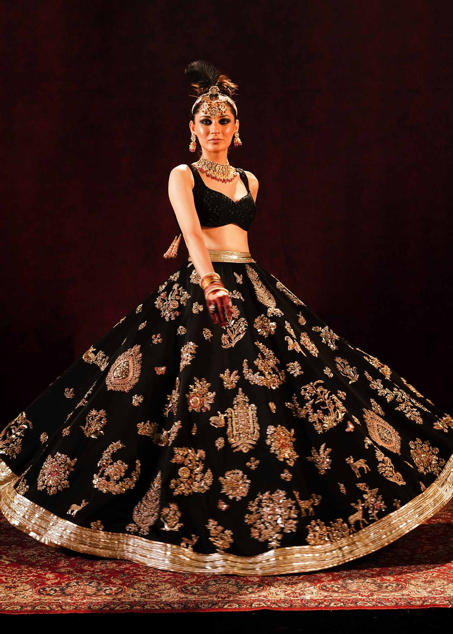 Pakistani Black & Maroon Embroidered Satin Silk Lehenga (3-Piece) - Image 13
