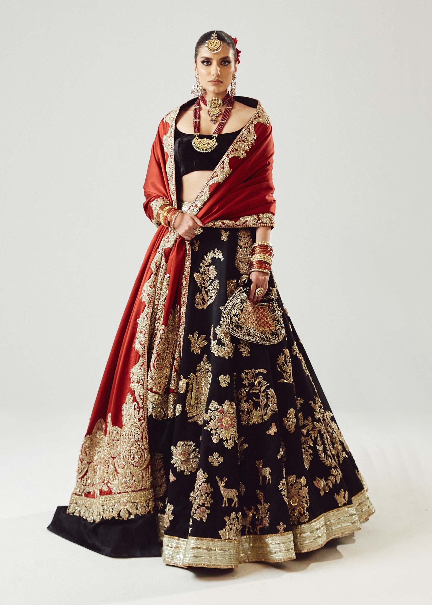 Pakistani Black & Maroon Embroidered Satin Silk Lehenga (3-Piece) - Image 14