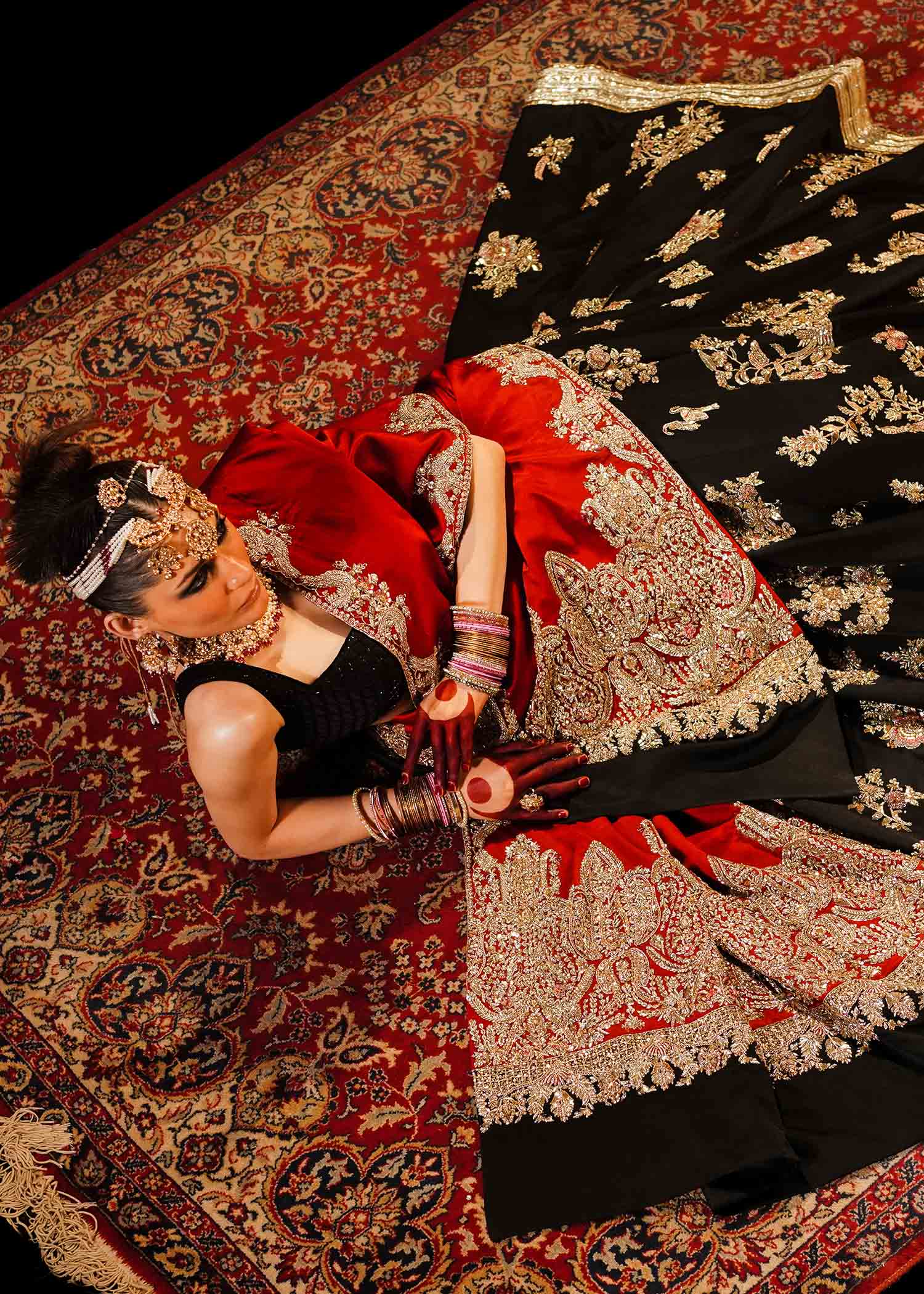 Pakistani Black & Maroon Embroidered Satin Silk Lehenga (3-Piece) - Image 15