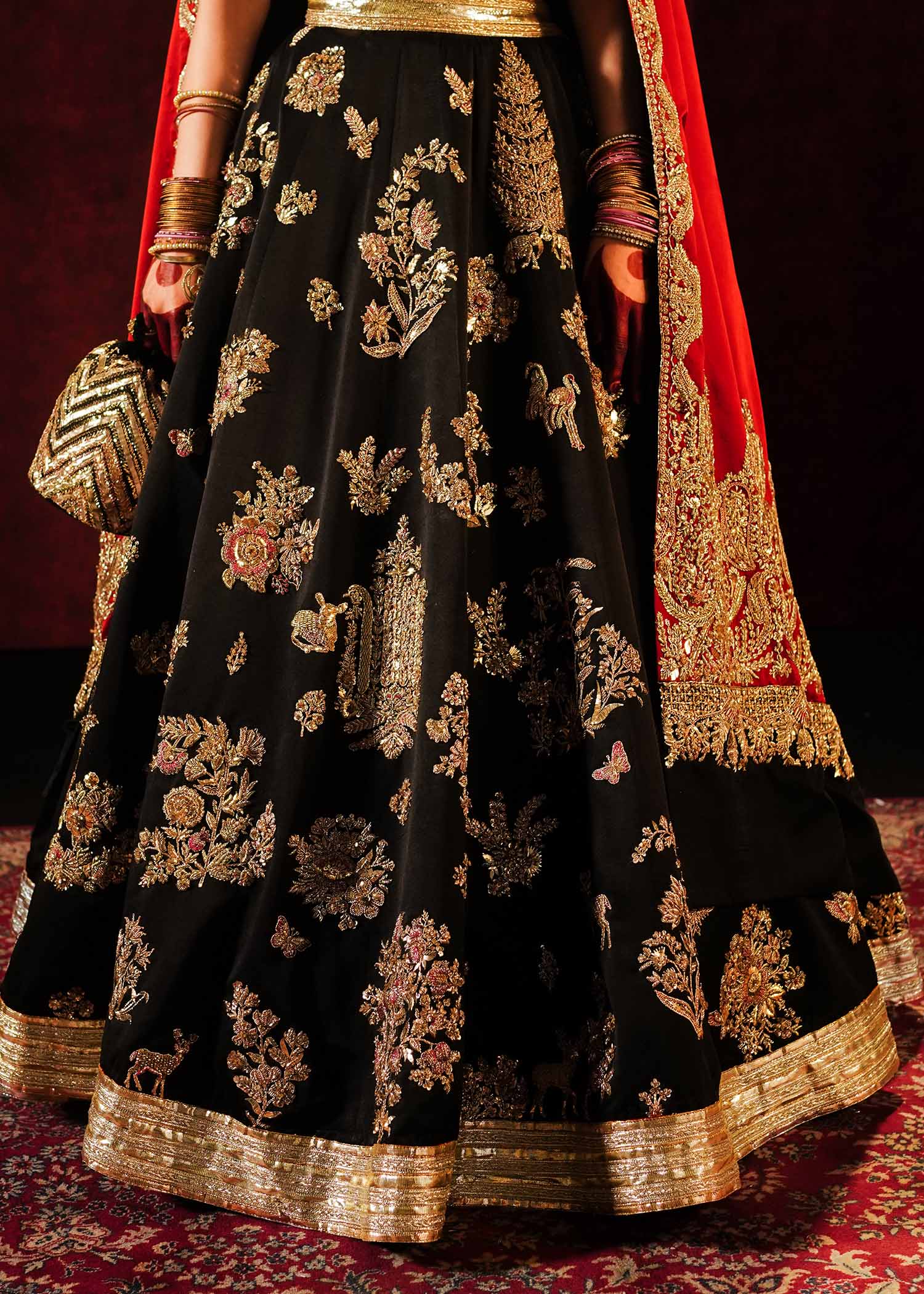 Pakistani Black & Maroon Embroidered Satin Silk Lehenga (3-Piece) - Image 19