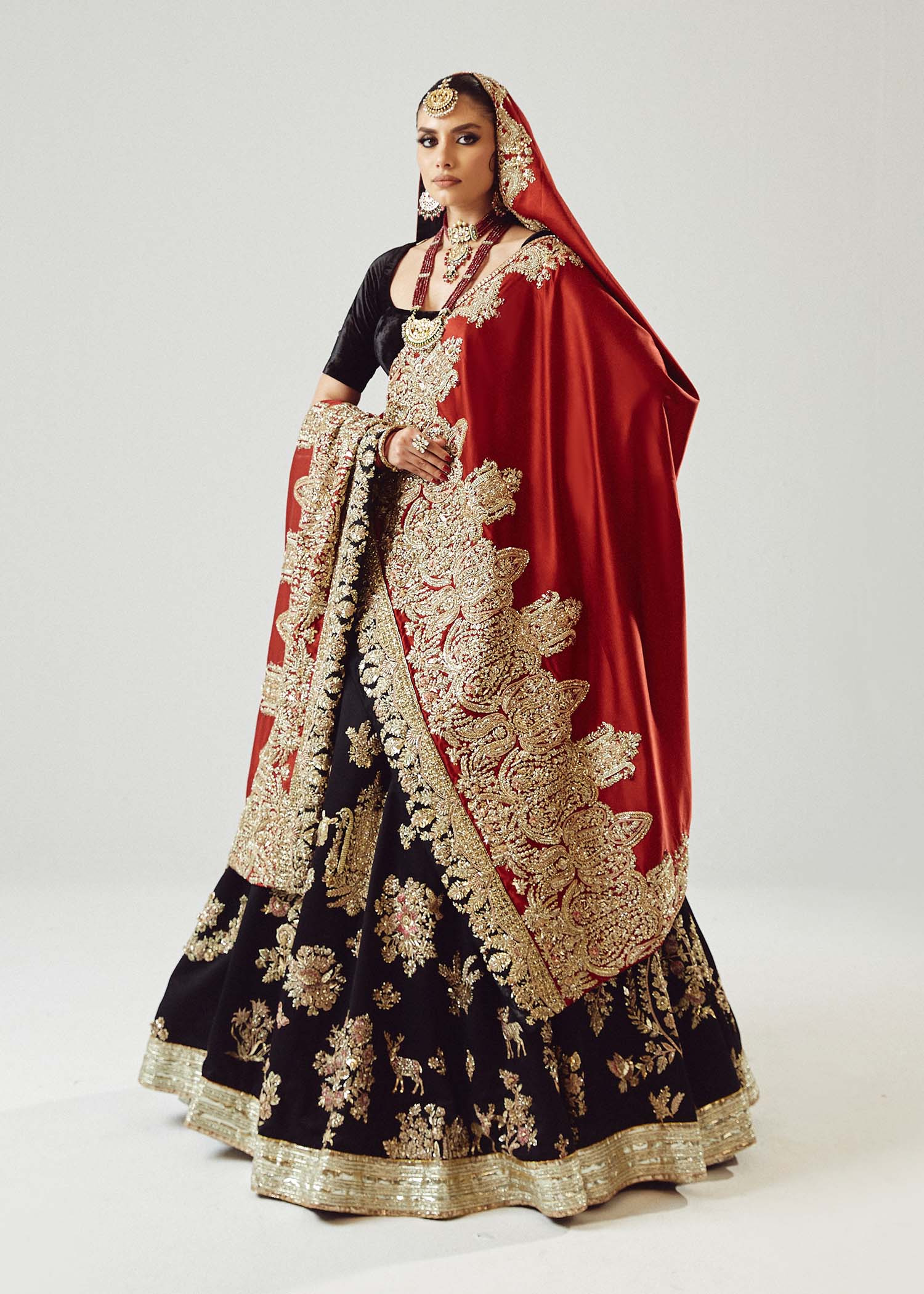 Pakistani Black & Maroon Embroidered Satin Silk Lehenga (3-Piece) - Image 20