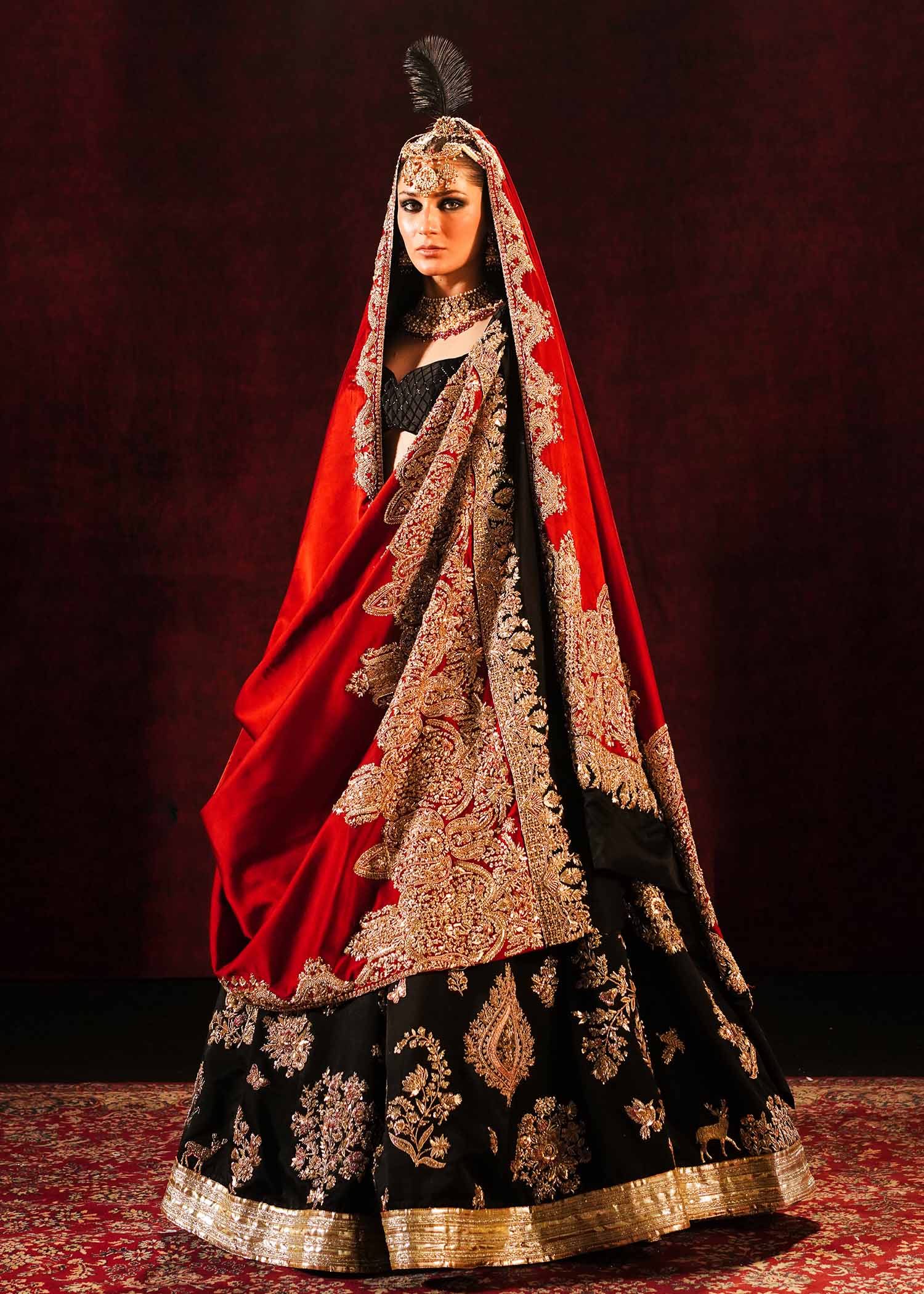 Pakistani Black & Maroon Embroidered Satin Silk Lehenga (3-Piece) - Image 23