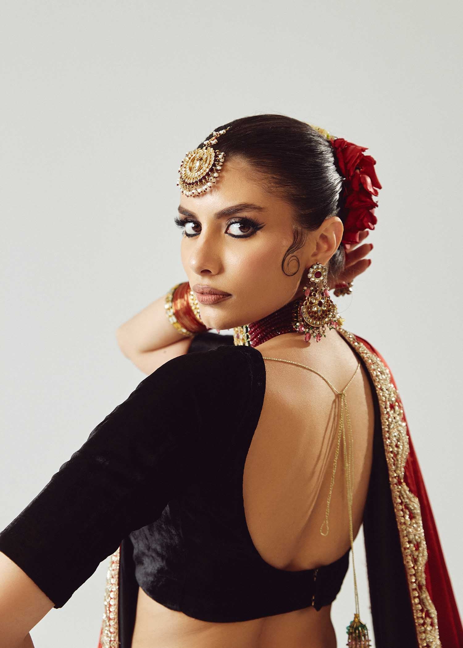 Pakistani Black & Maroon Embroidered Satin Silk Lehenga (3-Piece) - Image 24