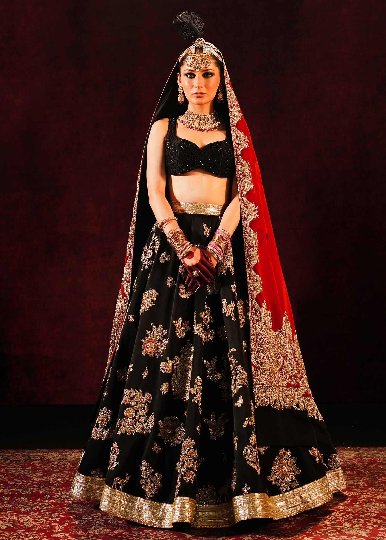 Pakistani Black & Maroon Embroidered Satin Silk Lehenga (3-Piece) - Image 25