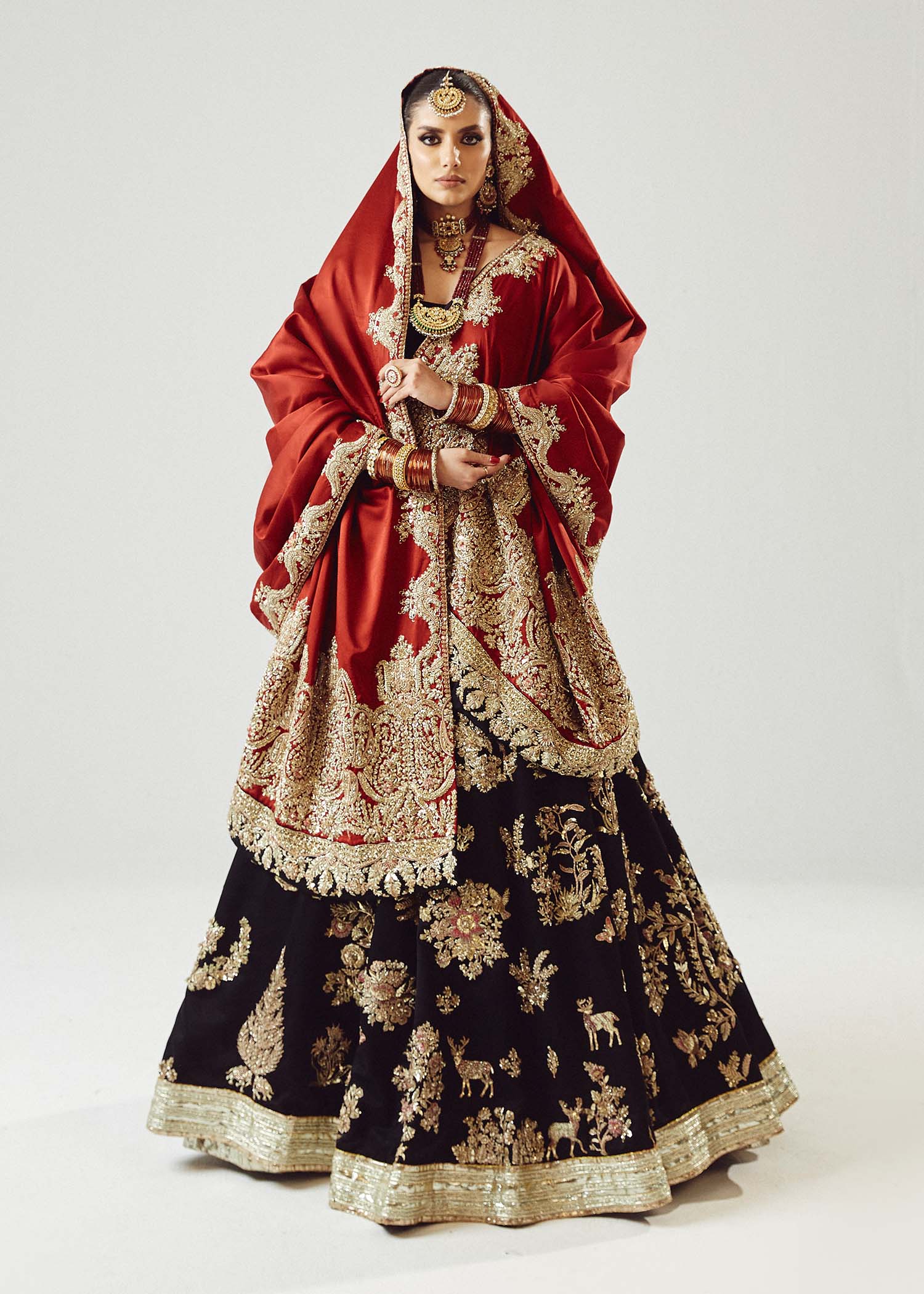 Pakistani Black & Maroon Embroidered Satin Silk Lehenga (3-Piece) - Image 4