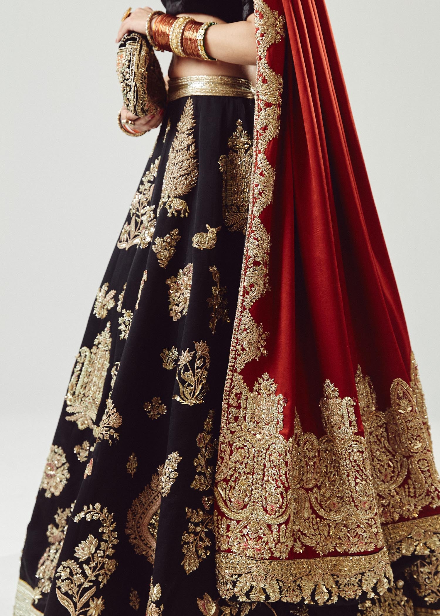 Pakistani Black & Maroon Embroidered Satin Silk Lehenga (3-Piece) - Image 5