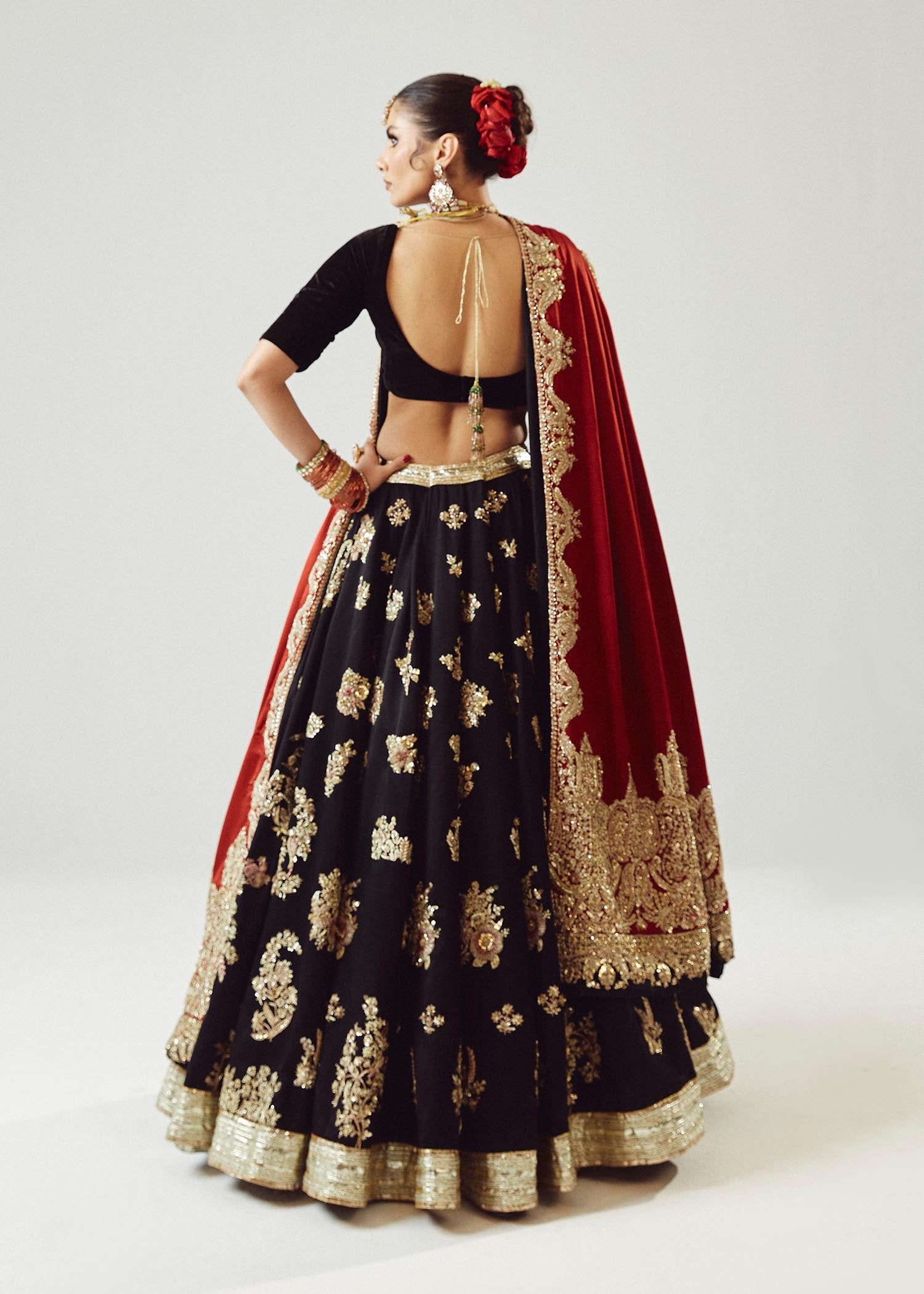 Pakistani Black & Maroon Embroidered Satin Silk Lehenga (3-Piece) - Image 6