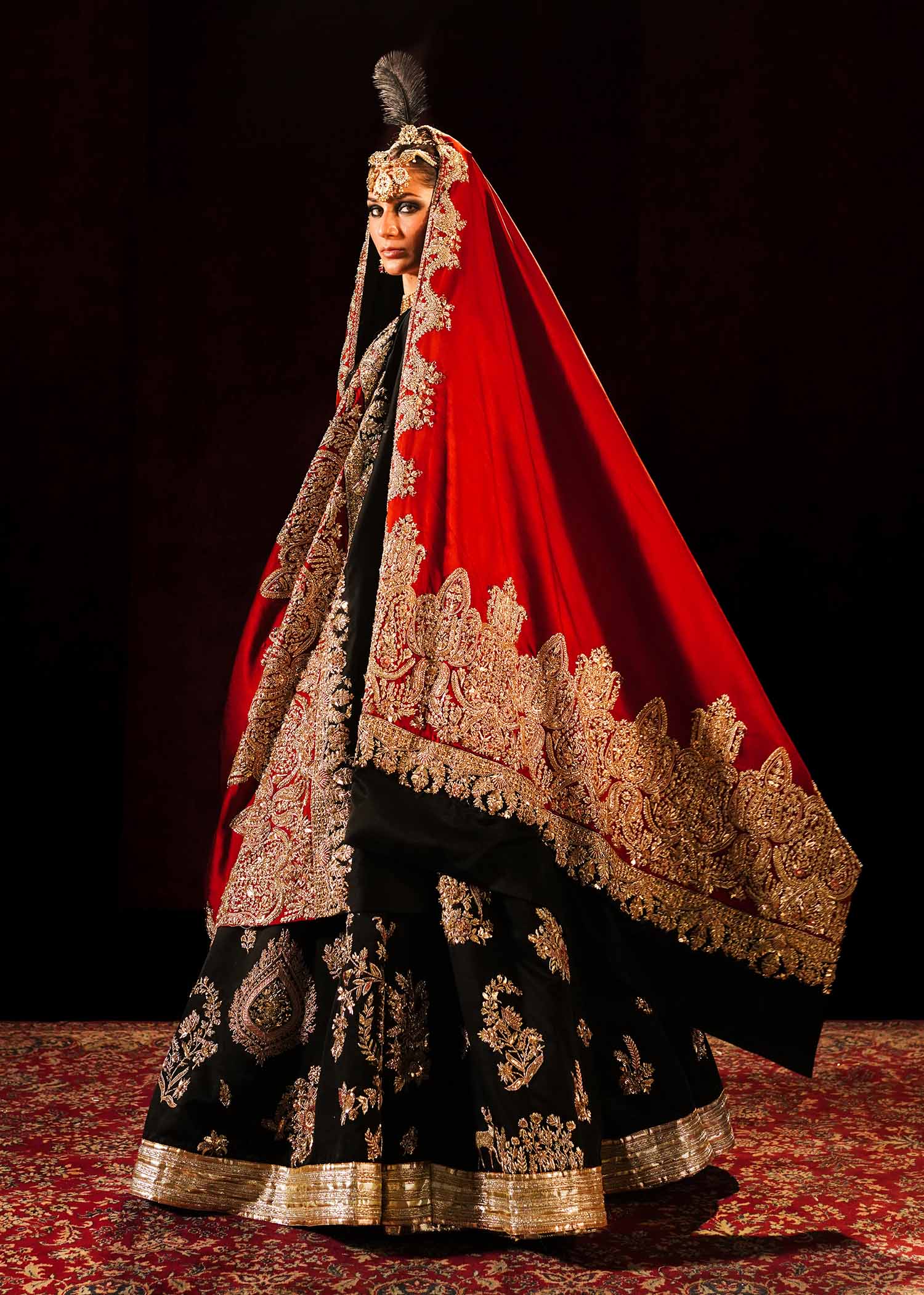 Pakistani Black & Maroon Embroidered Satin Silk Lehenga (3-Piece) - Image 8