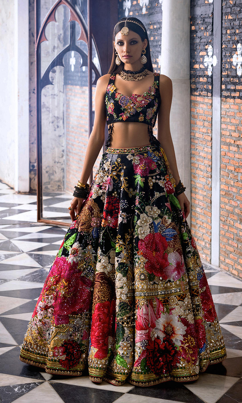 Black Sequin Lehnga Choli with Floral Appliqué (3-Piece) - Image 1