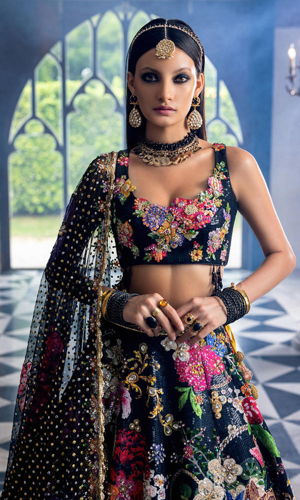 Black Sequin Lehnga Choli with Floral Appliqué (3-Piece) - Image 3
